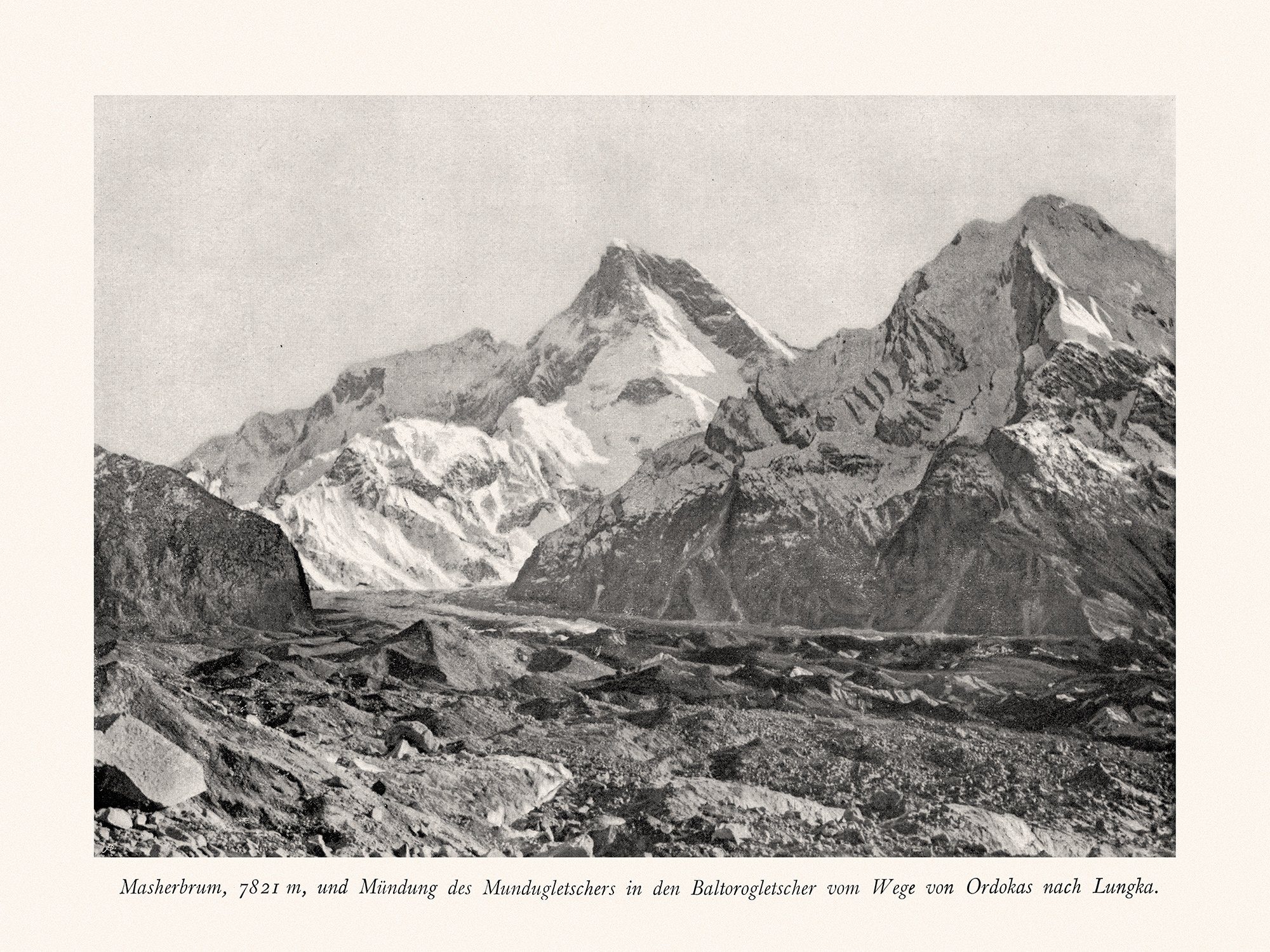 Kunstdruck Masherbrum 7821 m und Mündung des Mundugletschers Alpen Pik Alpinismus, (1 St)