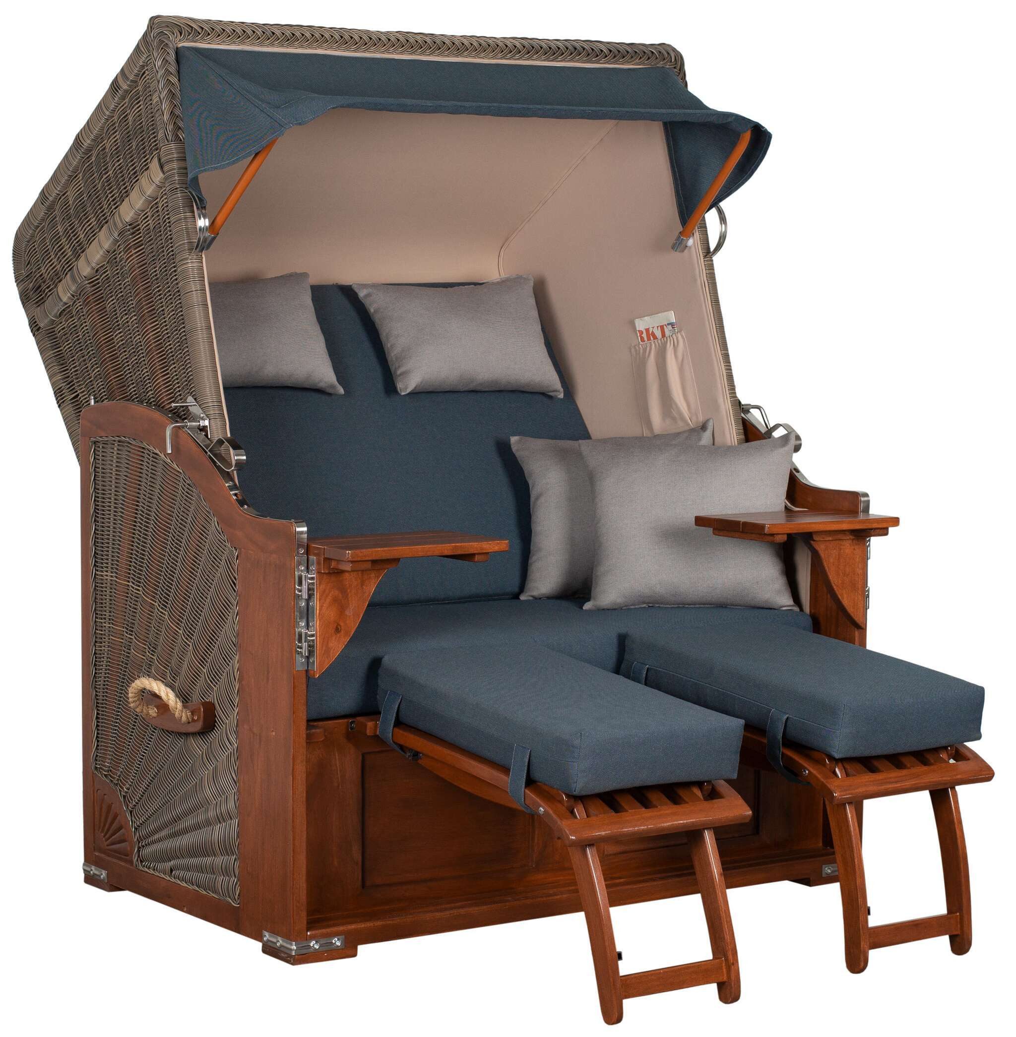 MR.DEKO Strandkorb 2-Sitzer Seeblick Vollholz PE Grey Volllieger, BxTxH: 125x80x170 cm, Volllieger, Seeblick, (Zweisitzer als Volllieger für Balkon und Garten), der Strandkorb mit einhängbaren Fußablagen, wetterfest