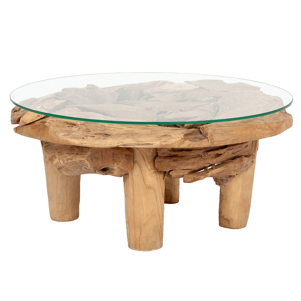 LebensWohnArt Couchtisch Teakwurzel Couchtisch BOSCO 80cm Natural Massivholz Glasplatte