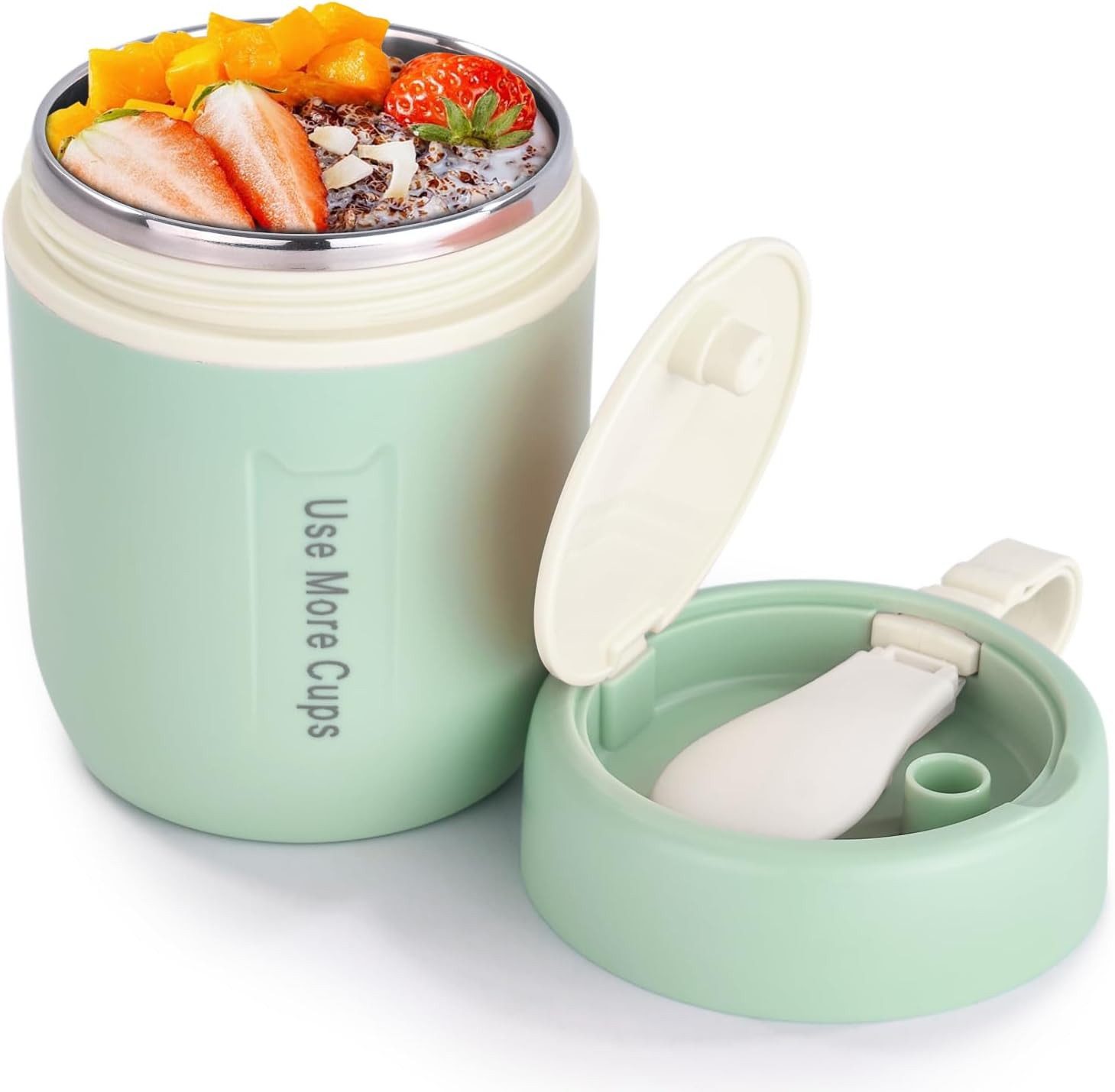 Coonoor Thermobehälter für essen warmhalten, Warmhaltebehälter Edelstahl Mit Löffel, Müslibecher to go Edelstahl, Auslaufsicher, 500ml