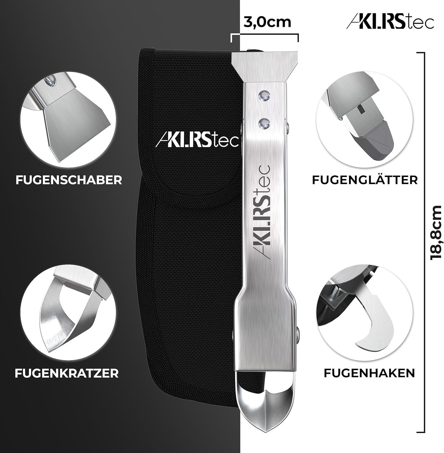 KLRStec Fugenkratzer Fugenglätter Werkzeug [100% Edelstahl] Robustes 4 in 1, (Fugenkratzer & Abzieher Multitool inkl. praktischer Tasche mit Gürtelclip, 4-tlg., Profi Werkzeug-Set zum erneuern von Silikonfugen)