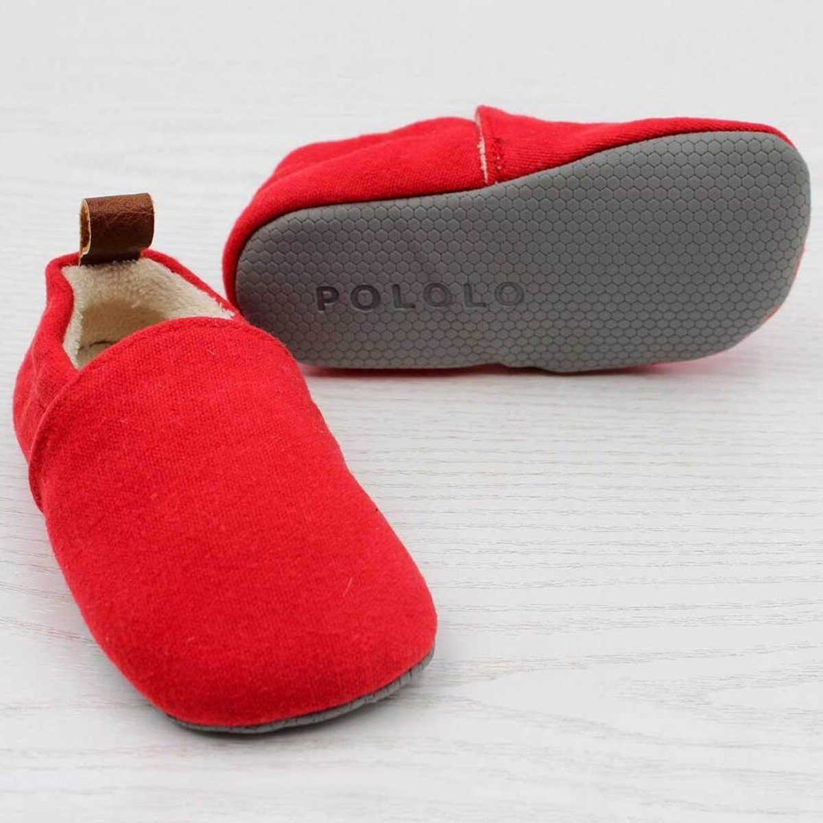 POLOLO Kinderschuhe, Kinder Baumwoll Hausschuh vegan, Bio Baumwolle Rot