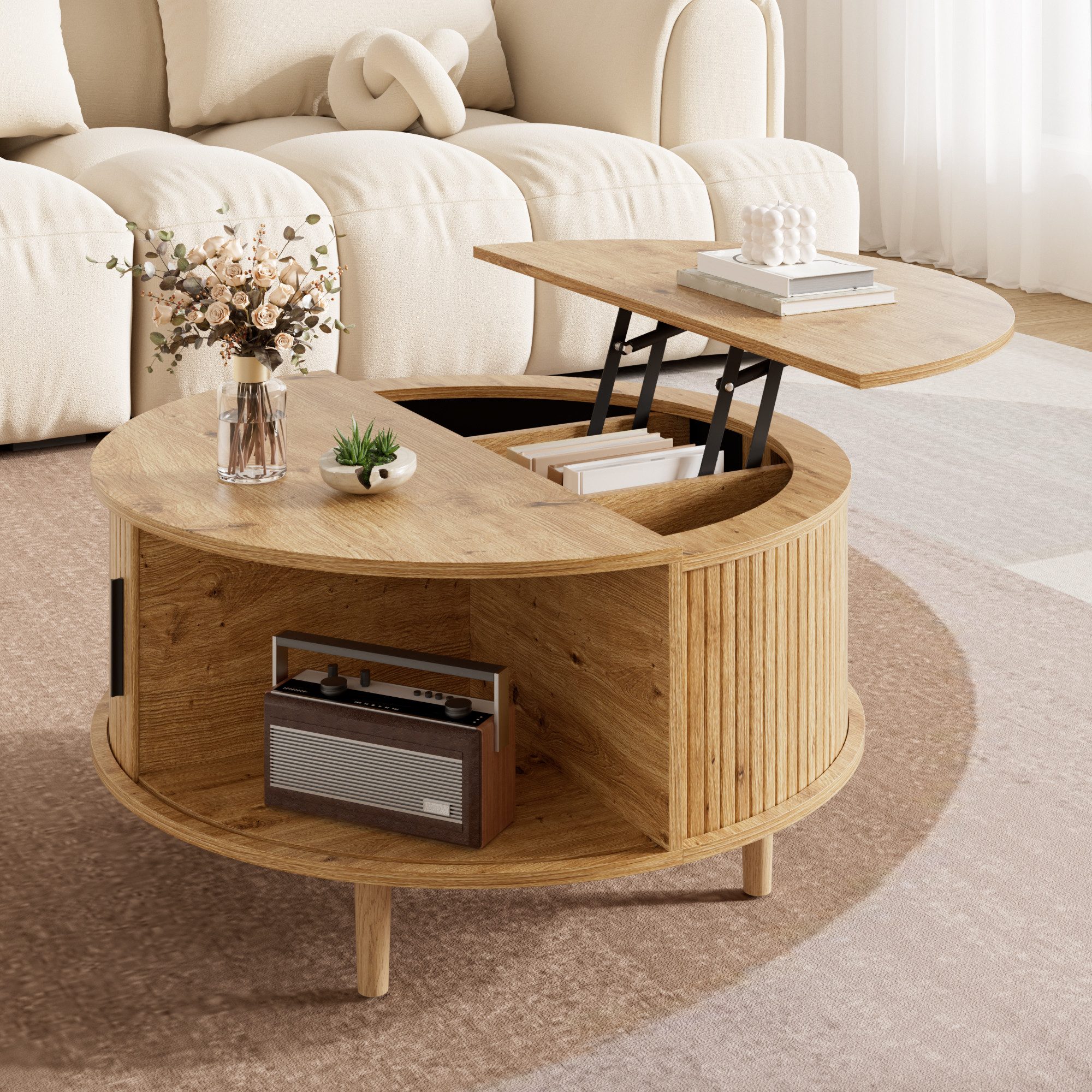 Merax Couchtisch rund Sofatisch anhebbarer Beistelltisch mit Liftfunktion im Holzoptik (1-St), Wohnzimmertisch mit Schiebetür, 4 …