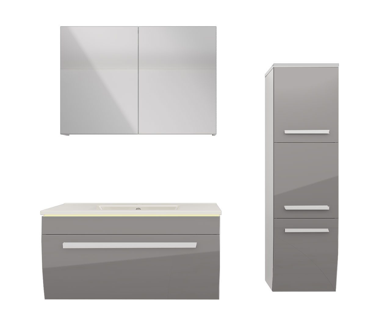 Badmöbel-Set Badmöbel Set Gently 3 V2-R Weiß/Grau Badspiegel Waschtisch 80 cm