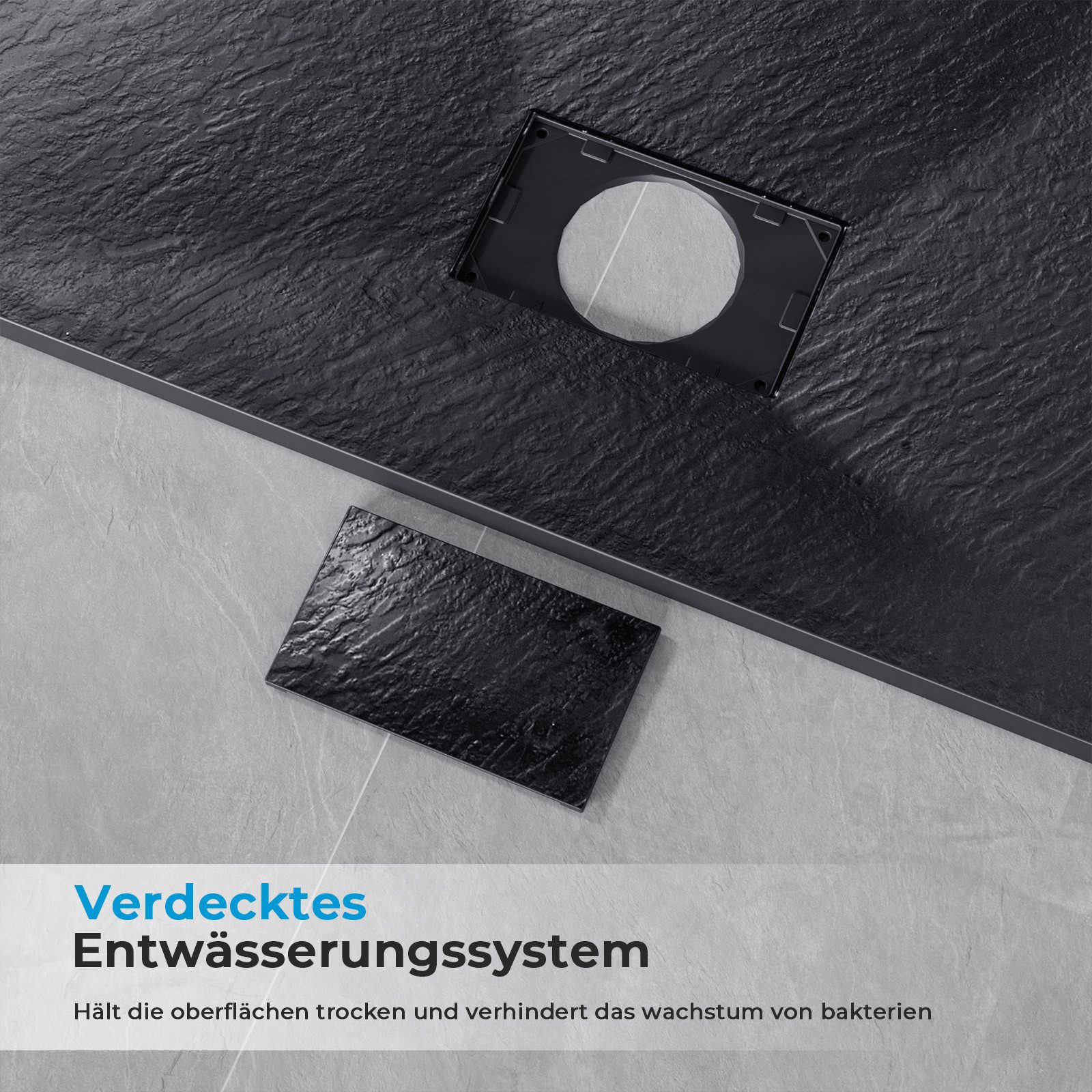 MEYKOERS Duschwanne Duschtasse Rutschfestes Design mit Steinoptik Extraflach Brausetasse, Quadratisch, SMC, Schneidbar, Eckduschwanne 90 x 90 cm, 80 x 80 cm