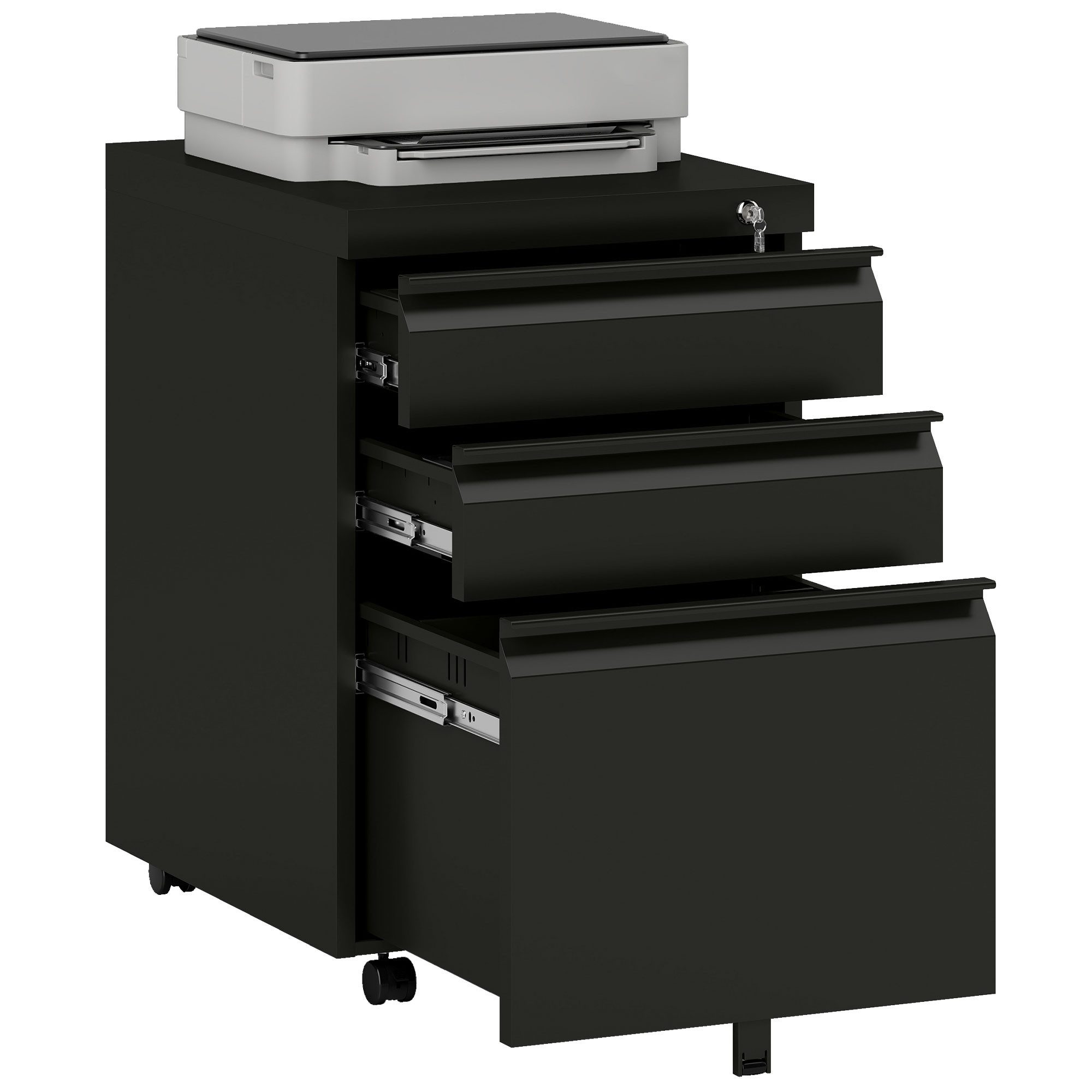 Vinsetto Rollcontainer Büroschrank mit 3 Schubladen, (Büroschrank, 1 St., Bürocontainer), Stahl Schwarz 39 x 48 x 60 cm