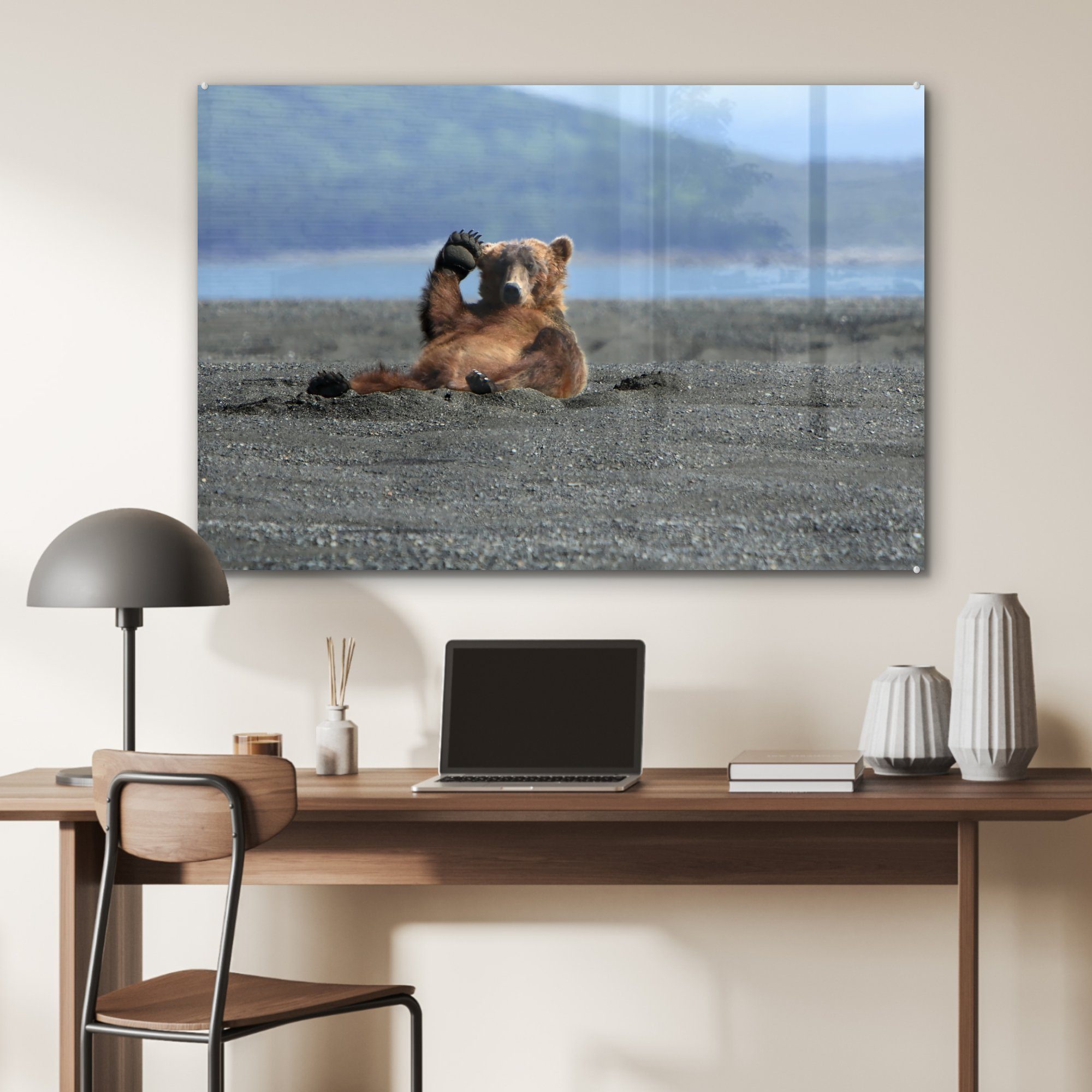 MuchoWow Acrylglasbild Bild eines Grizzlybären, der seine (1 hebt, Wohnzimmer St), Schlafzimmer Acrylglasbilder & Pfote