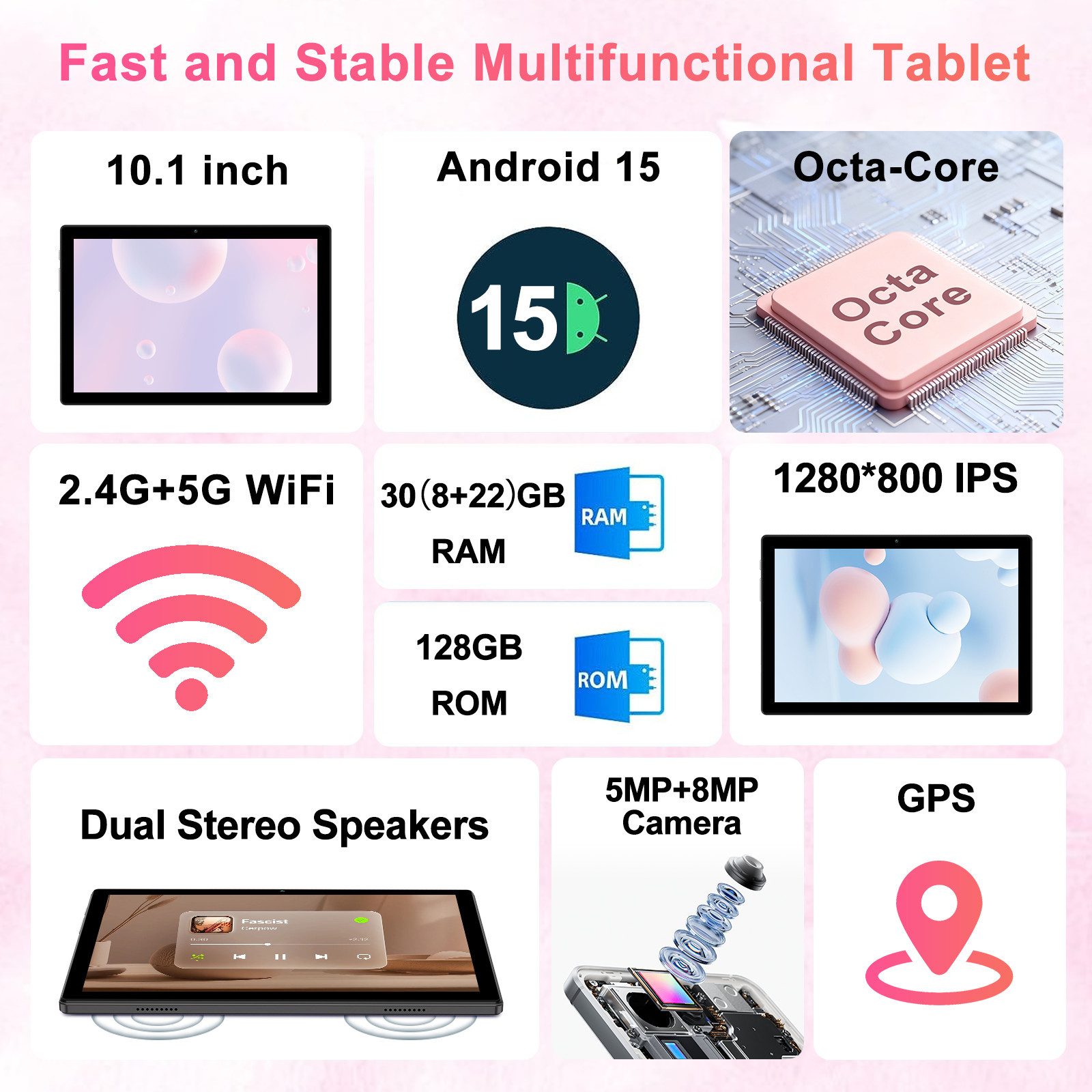 GOODTEL YESTEL 10.1 Zoll Android 15 Tablet – 30GB RAM, 128GB Speicher Tablet (10.1", Android15, Octa-Core 2.0GHz, 8000mAh Akku, GPS)