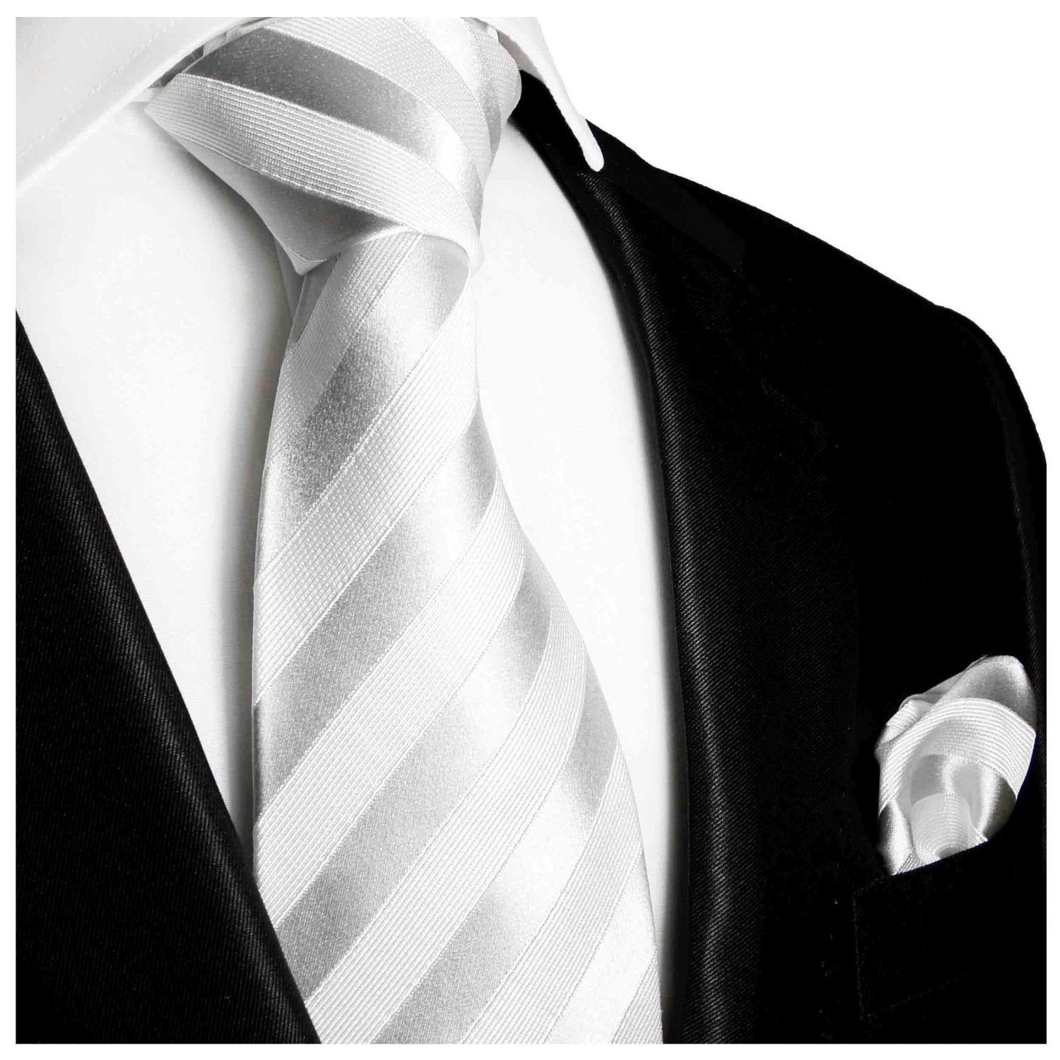 Paul Malone Krawatte Herren Seidenkrawatte mit Tuch modern gestreift 100% Seide (Set, 2-St., Krawatte mit Einstecktuch) Schmal (6cm), silber weiß 401