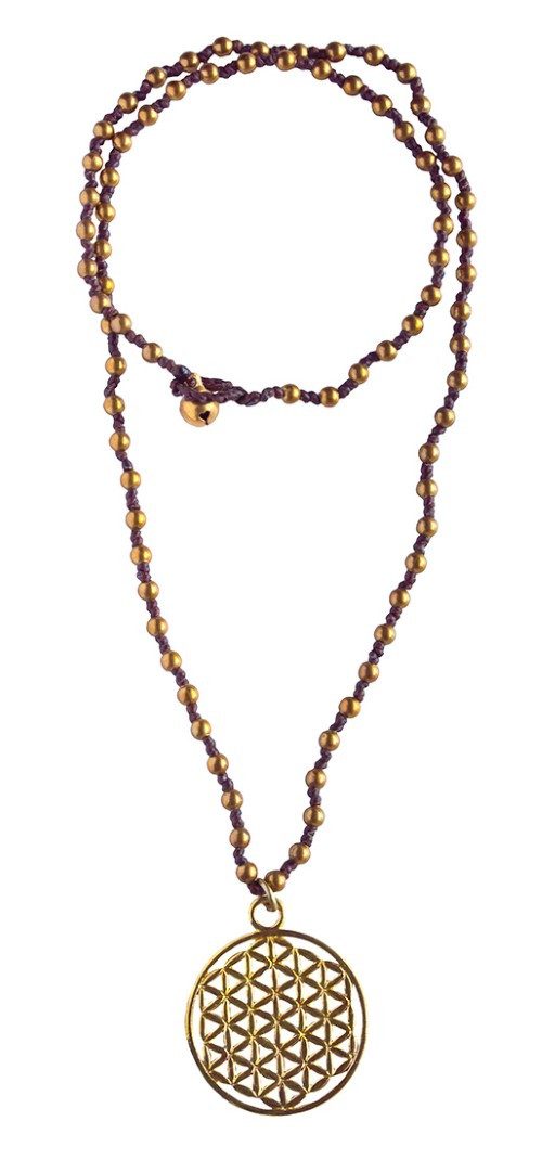 Saraswati Kette mit Anhänger Halskette "Blume des Lebens" 3,5cm mit 80 Messingperlen 35cm