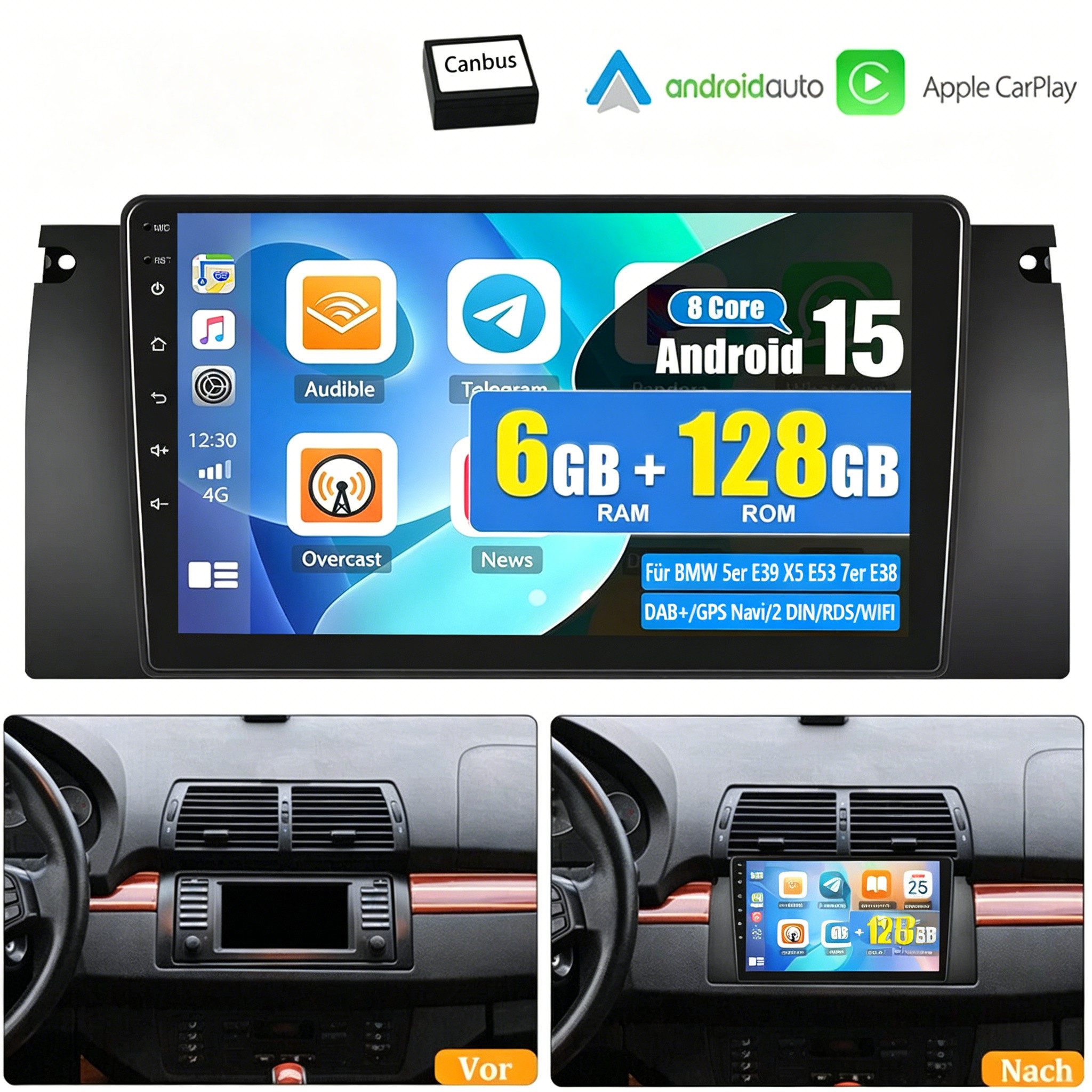 6+128G DAB+ Für BMW 5er E39 X5 E53 7er E38 Android 15 Carplay GPS Navi Autoradio