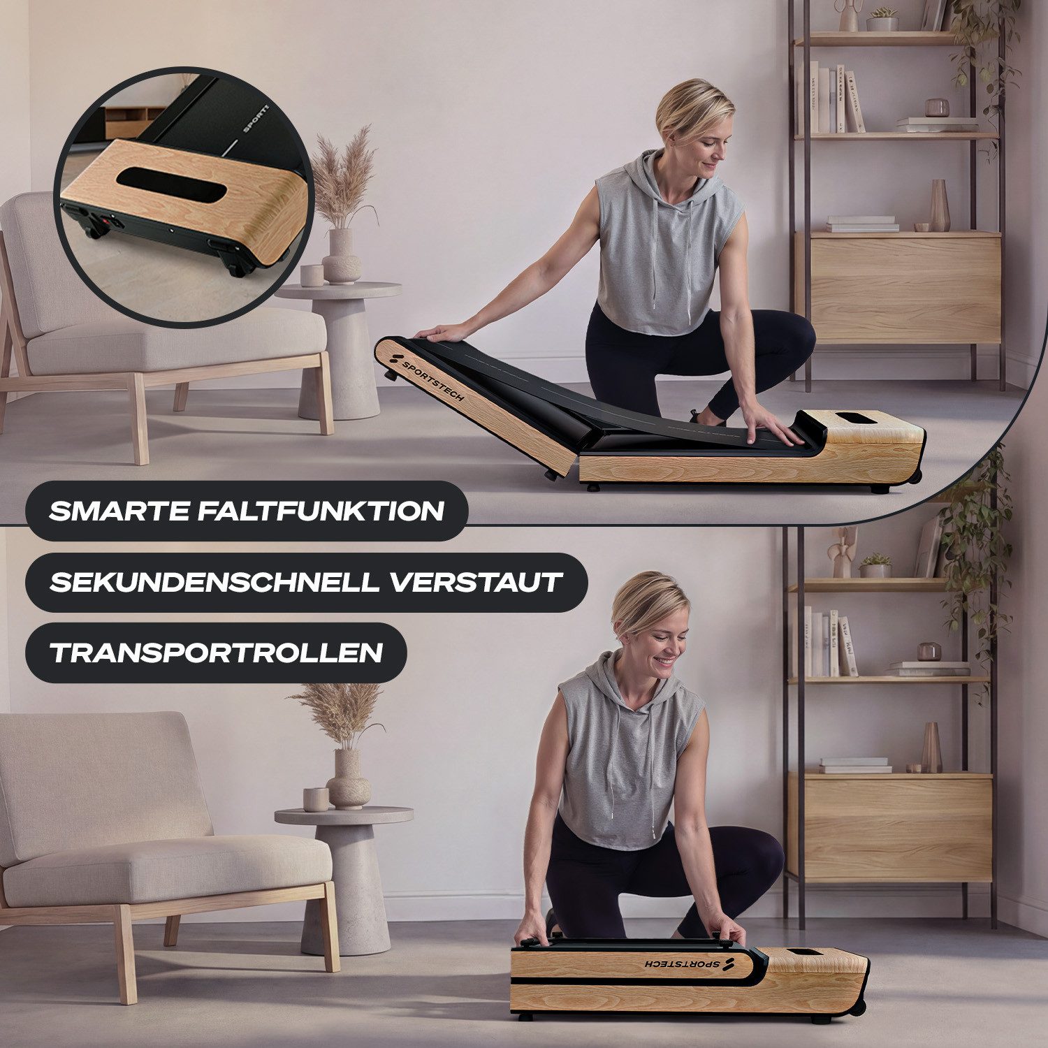 Sportstech Laufband WoodPad Pro, Geschwindigkeit bis 8 km/h, klappbar, Echtholz, App kompatibel