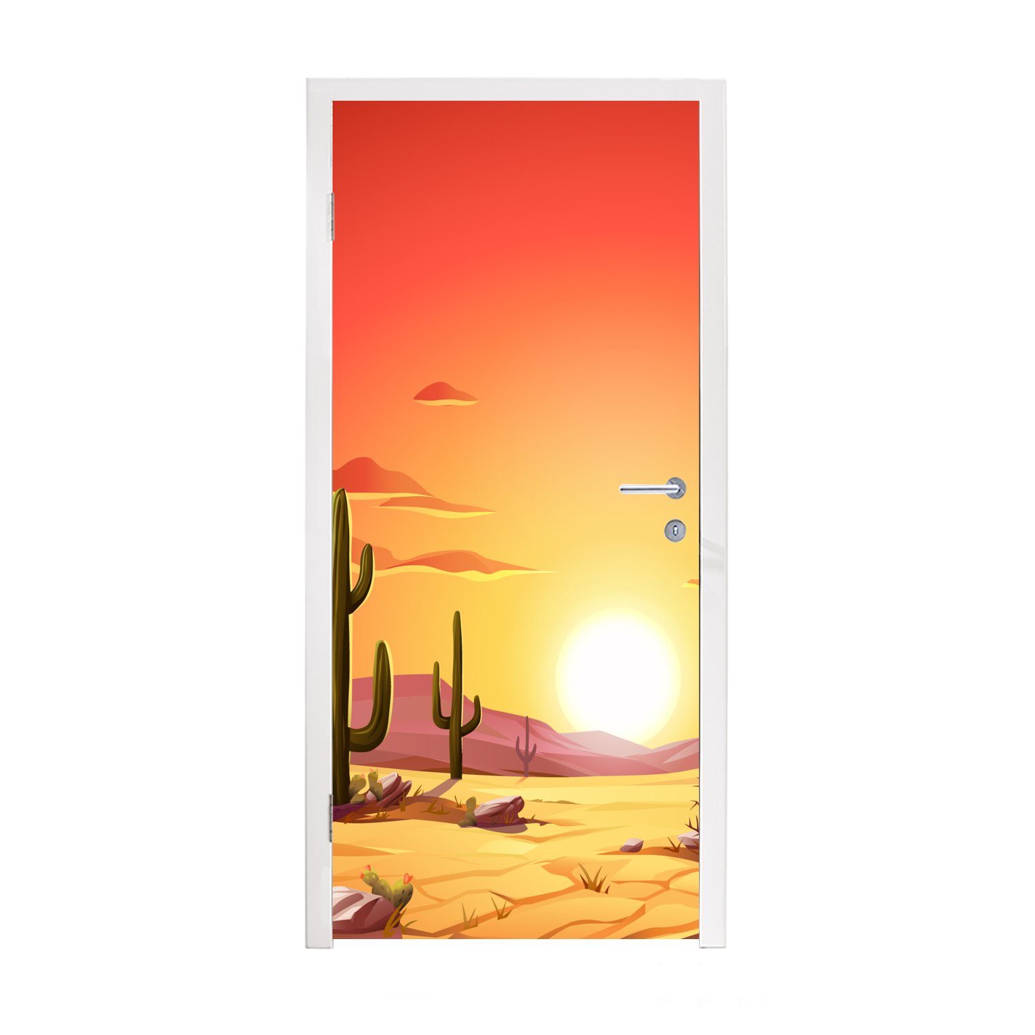 MuchoWow Türtapete Eine Illustration von Kakteen unter einem orangefarbenen Himmel, Matt, bedruckt, (1 St), Fototapete für Tür, Türaufkleber, 75x205 cm