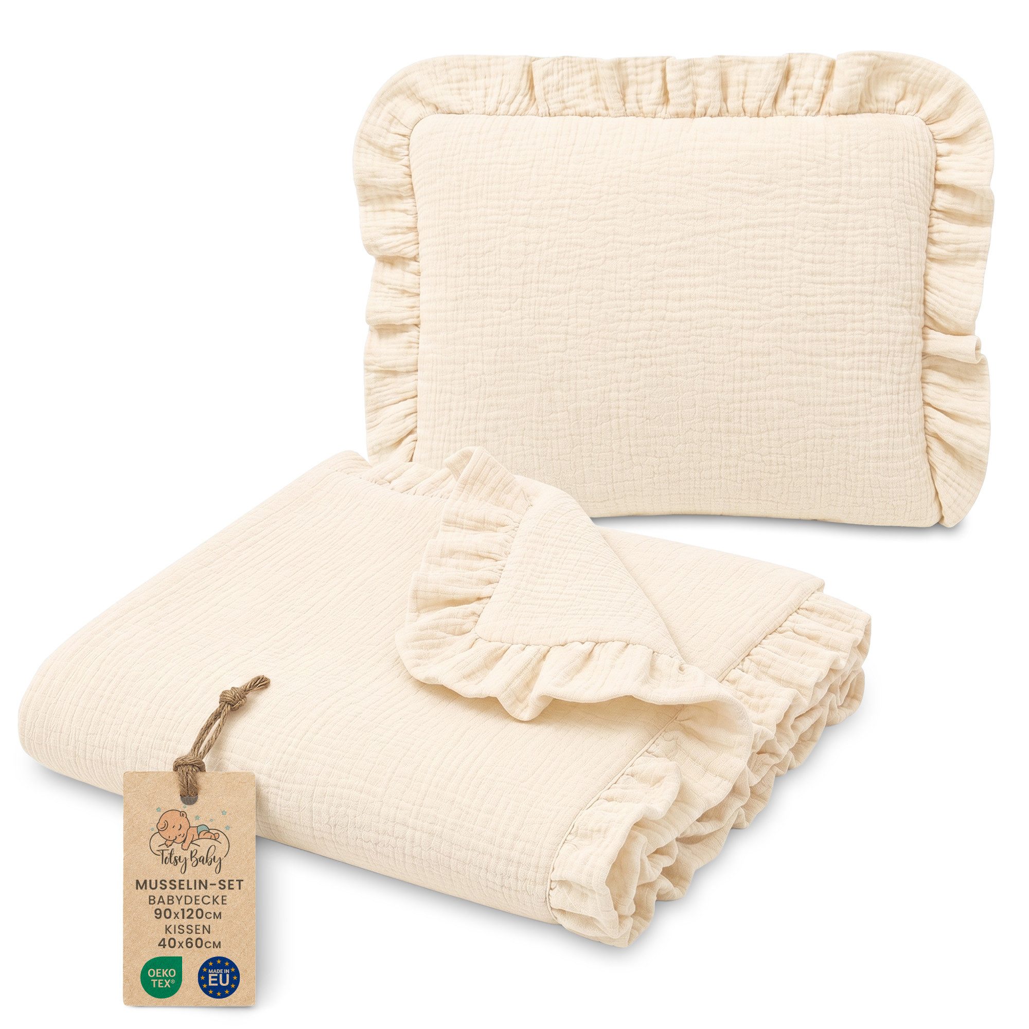 Babydecke Musselin Decke Baby Set 75x60 cm + Kissen 40x30 cm mit Rüschen, Totsy Baby
