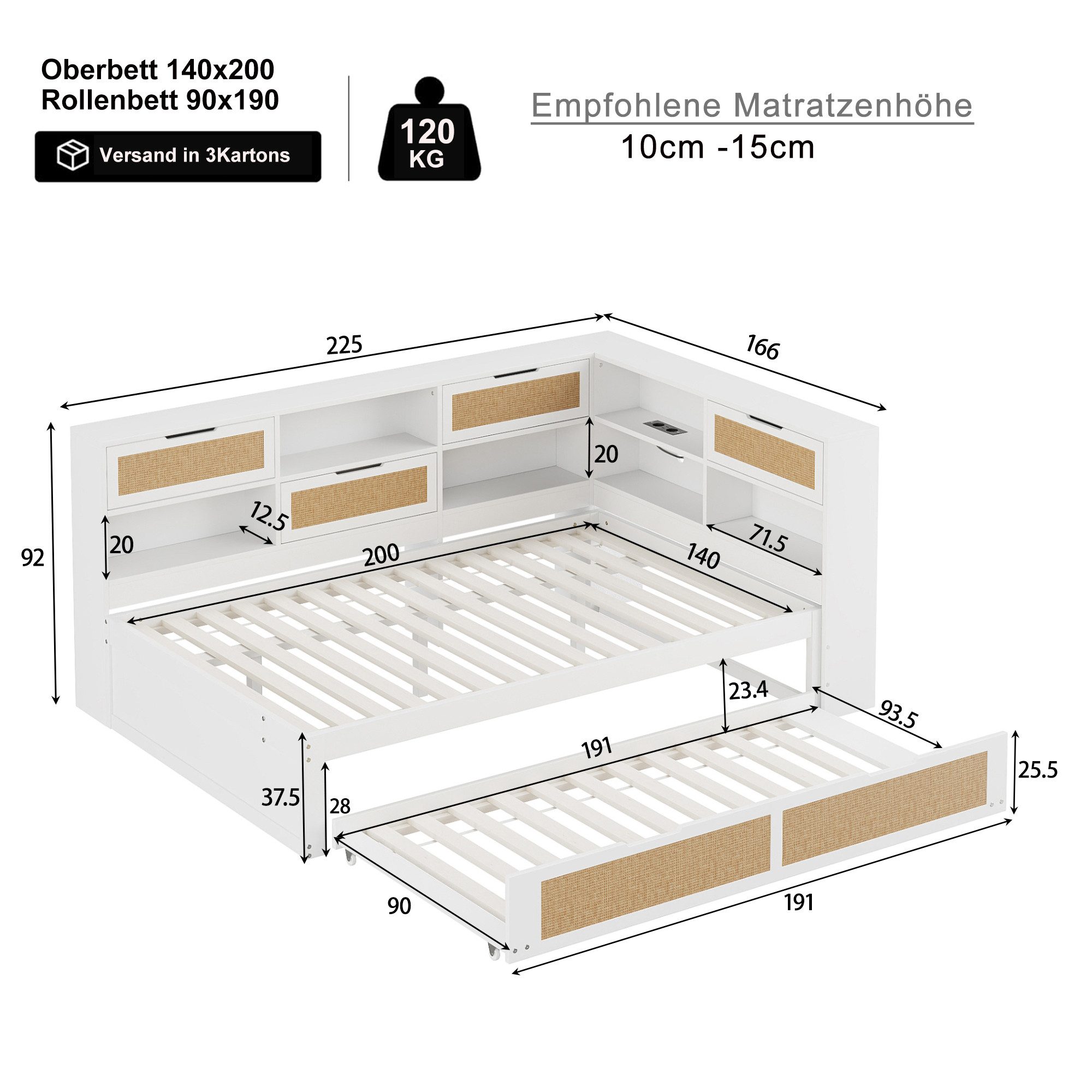 Flieks Holzbett, Daybett Kinderbett 140x200cm mit Ausziehbett 90x190cm & La günstig online kaufen