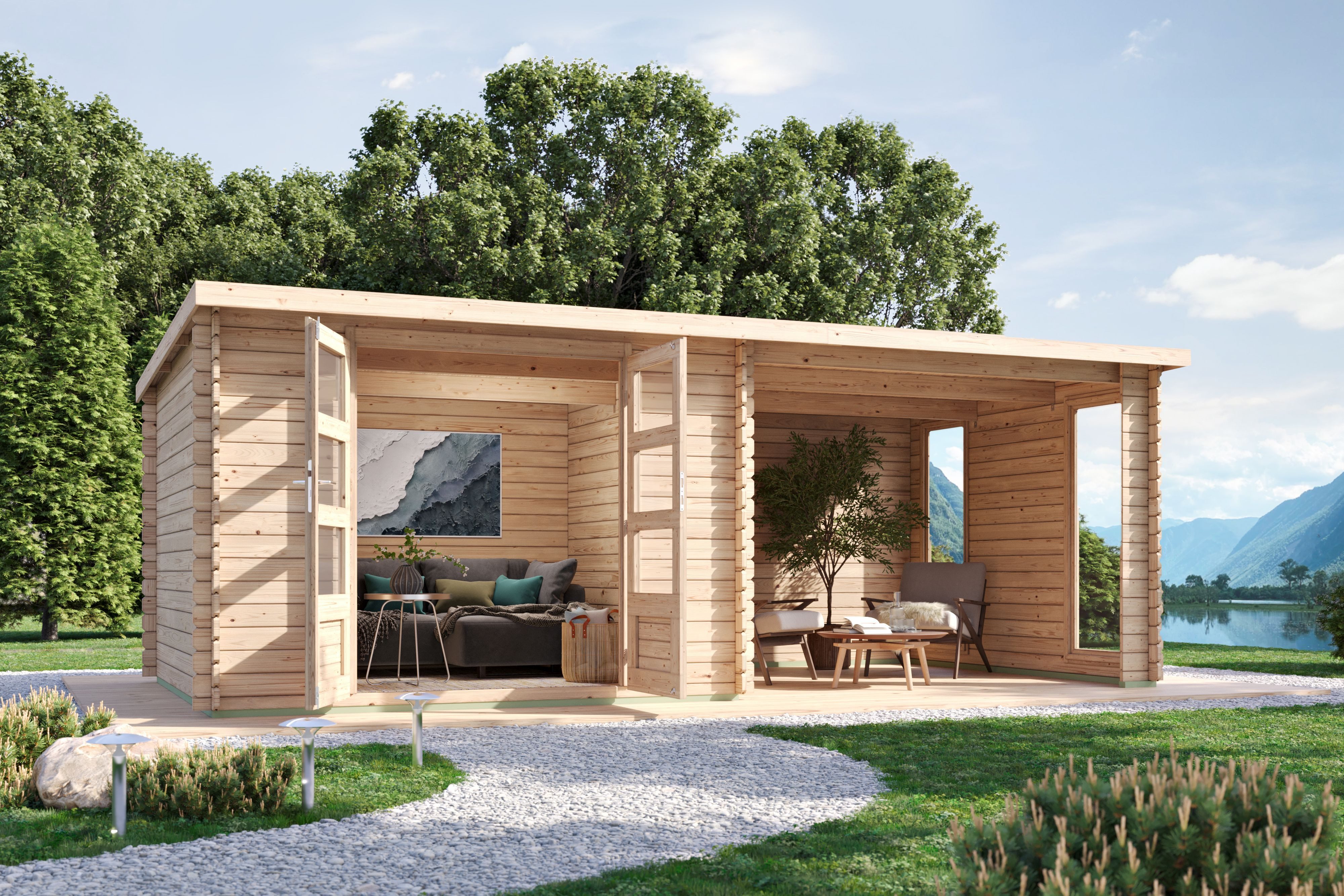 Karibu Gartenhaus "Remus" inkl Anbaudach 3m, Rück- und Seitenwand, mit 2 Fenstern, BxT: 571x297 cm, Gartenhaus aus hochwertiger nordischer Fichte