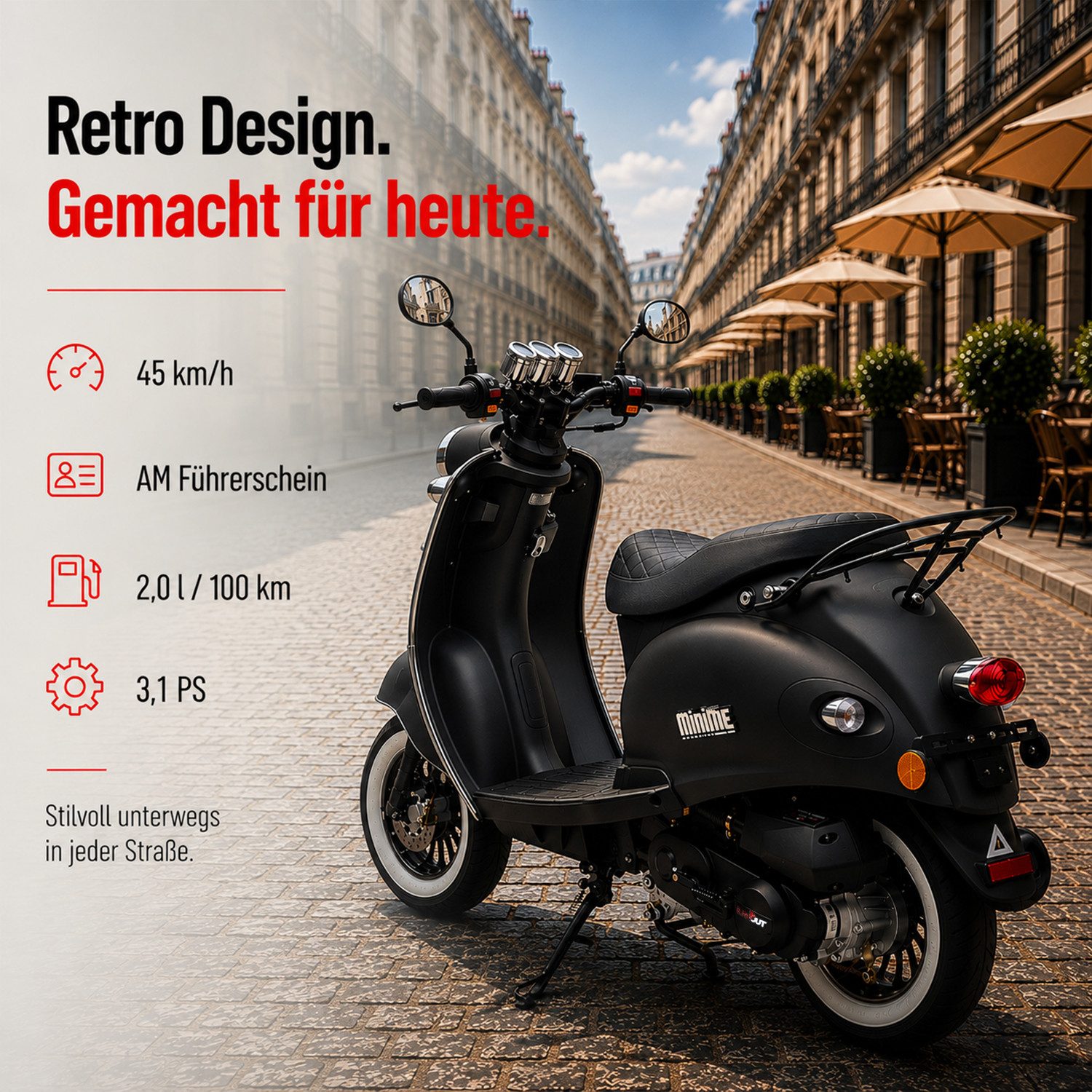 Burnout Motorroller MiniMe 2.0 Mattgrün, 50 ccm, 45 km/h, Euro 5, Unverwechselbares Retro Design, Mofa