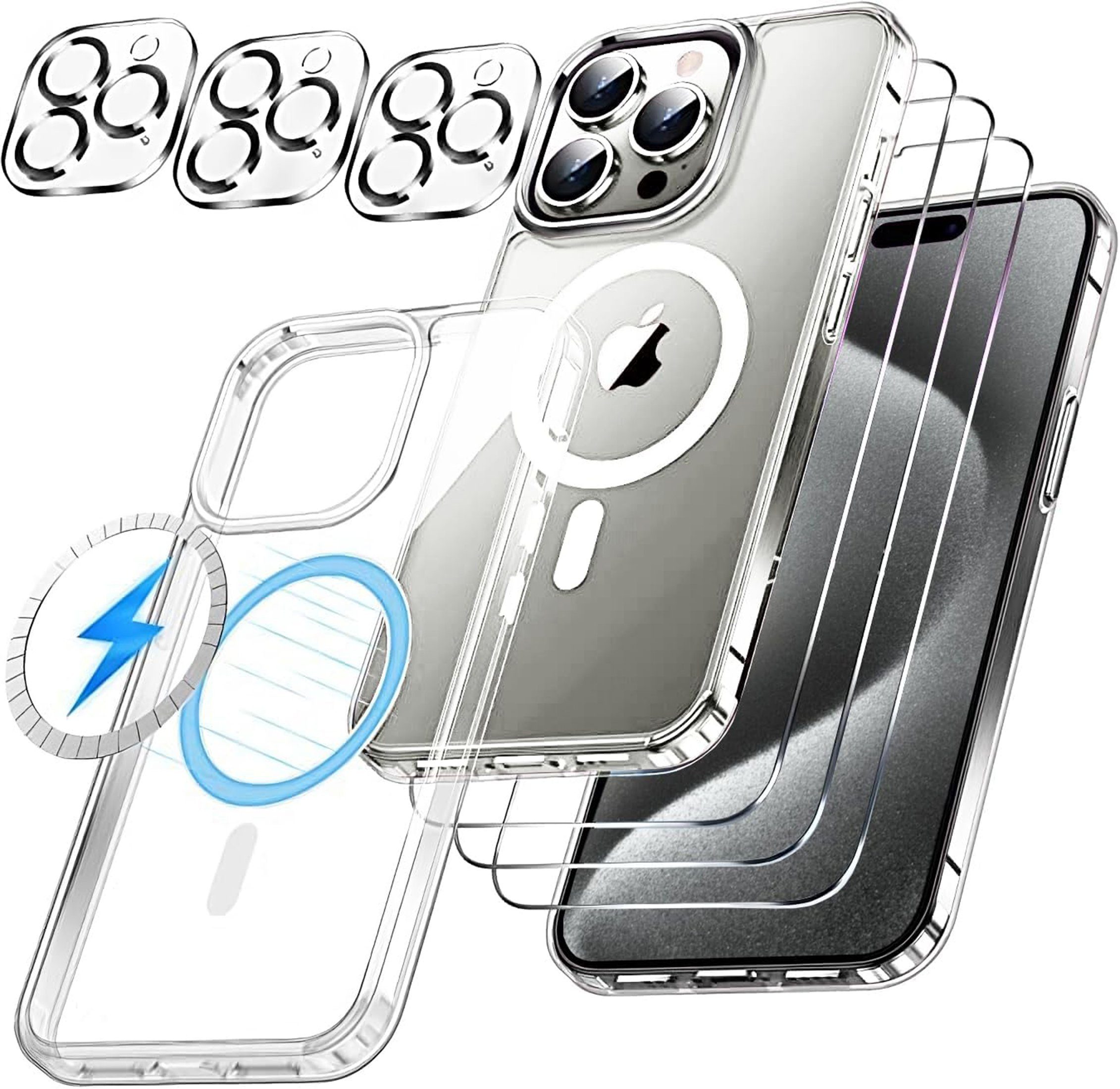 Wörleonline Smartphone-Hülle 7-in-1 für iPhone 15 Pro mit Kameraschutz und Displayschutzglas, 1x MagSafe kompatible Hülle, 3x Schutzfolie und 3x Kameraschutzglas