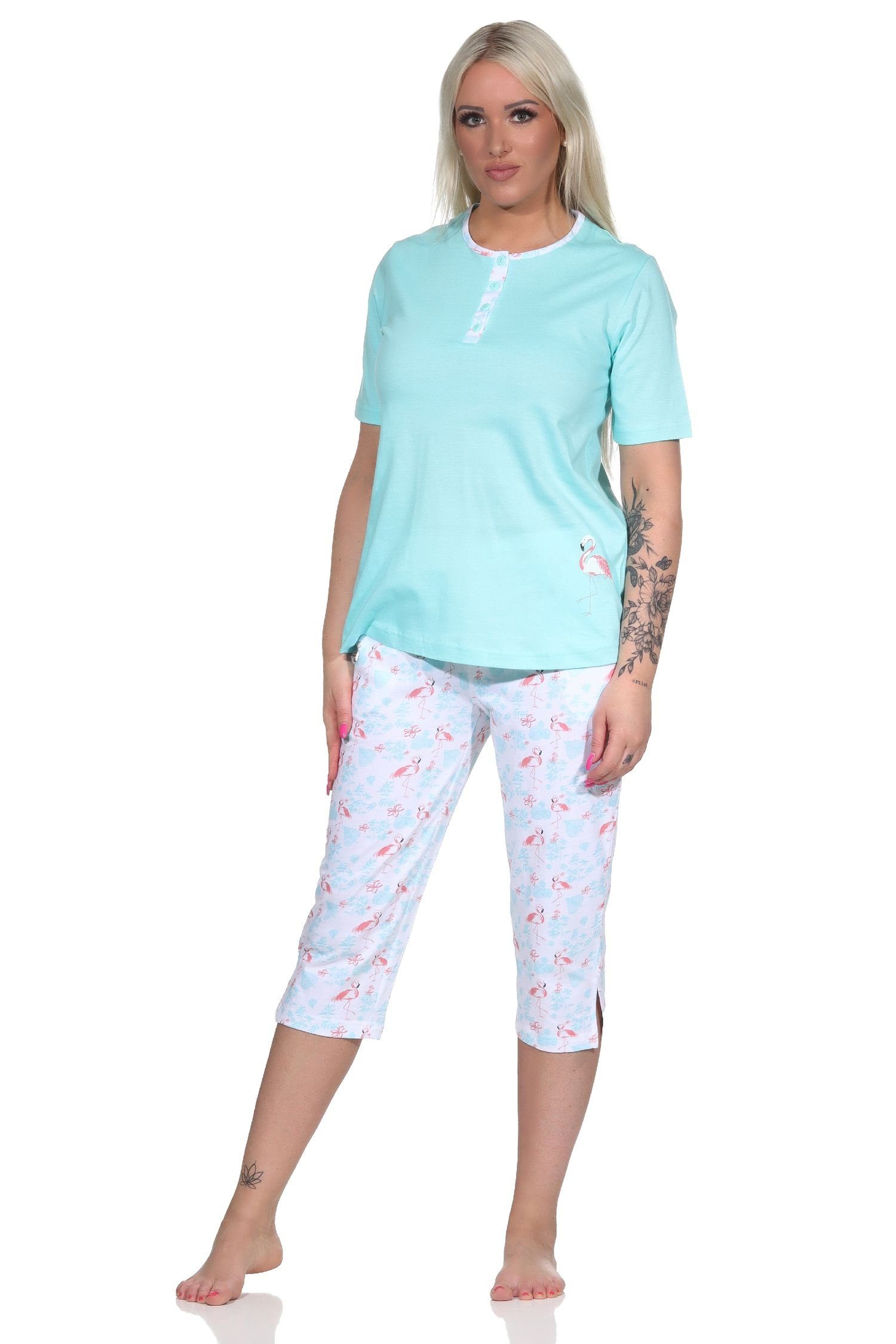 Normann Pyjama Damen Capri kurzarm Schlafanzug mit Flamingo Motiv helltürkis