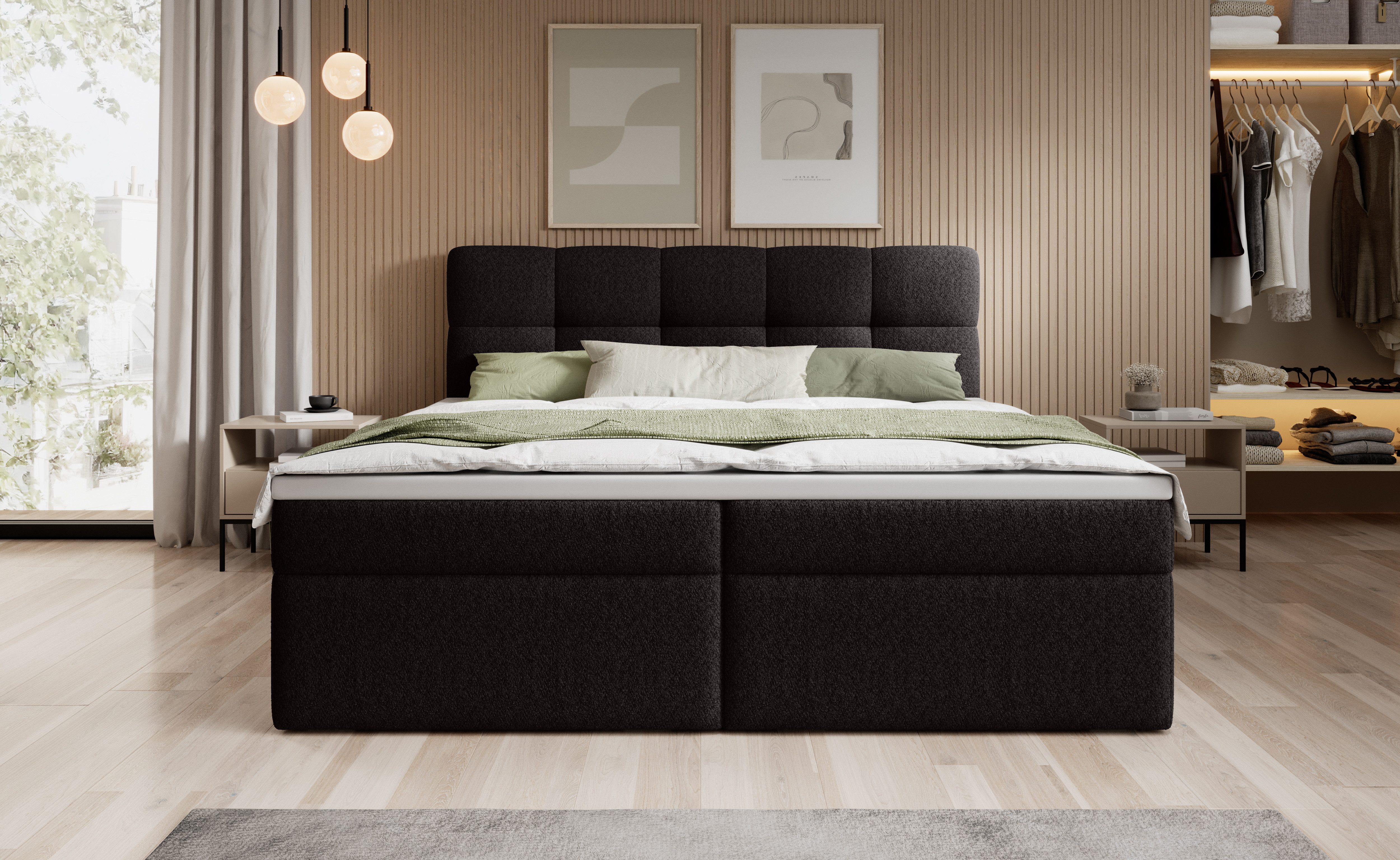 thematys Boxspringbett mit Bettkasten 140x200–200x200 cm – Velours oder Bouclé Bezug – (Boxbett - Luxus Doppelbett mit Stauraum, Boxbett - Luxus Doppelbett mit Stauraum)