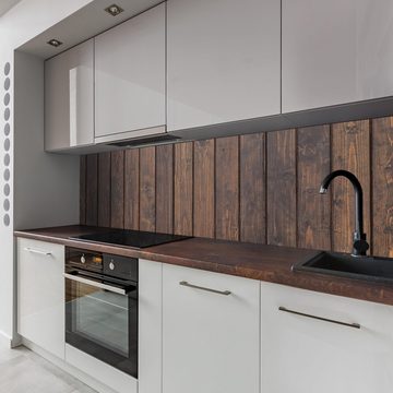 wandmotiv24 Küchenrückwand Schwarze Kiefernholzwand, (1-tlg), Premium Hartschaum Nischenrückwand in versch. Größen