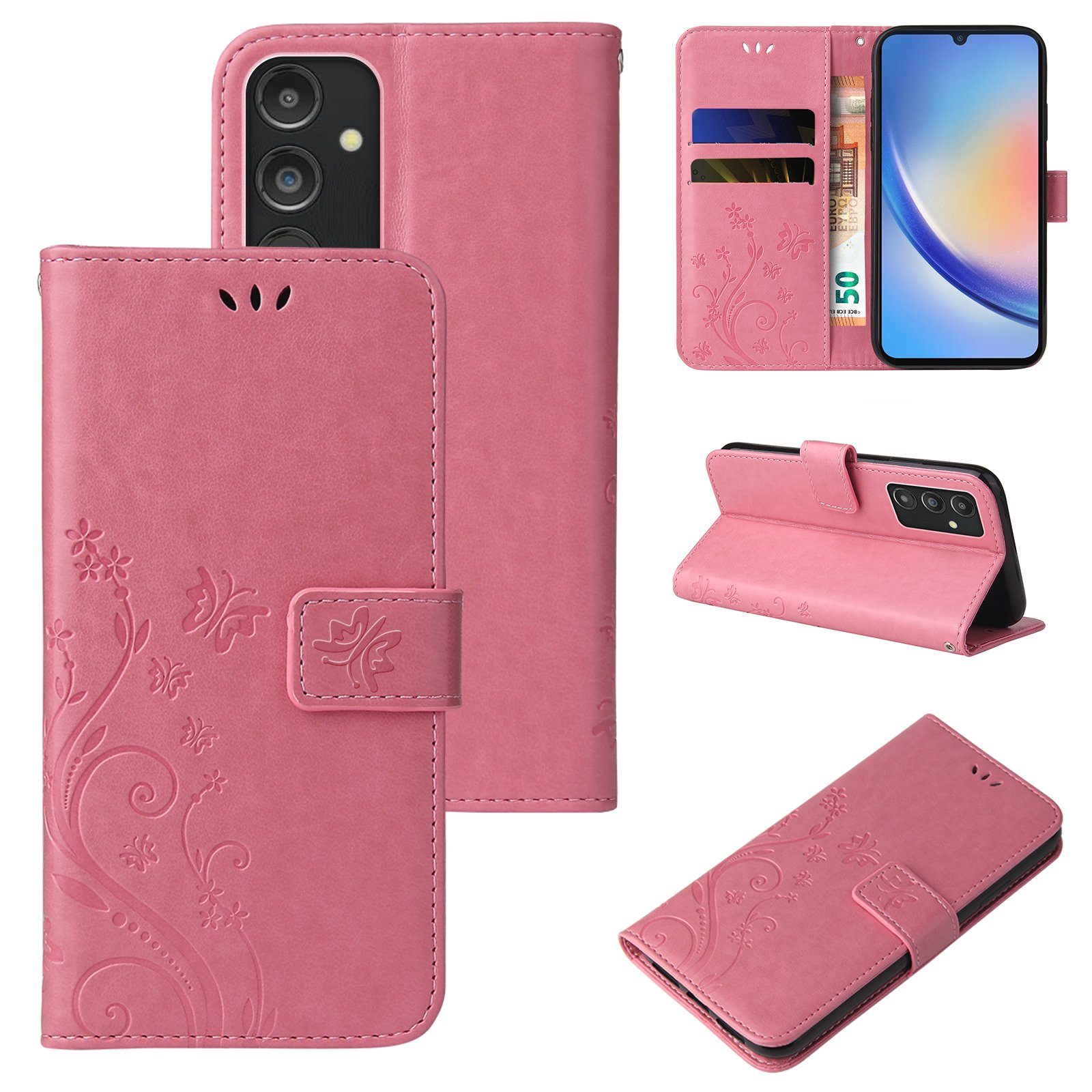 Tec-Expert Handyhülle Cover Tasche Hülle für Samsung Galaxy A34 5G 6,6 Zoll, Klapphülle Case mit Kartenfach Fliphülle aufstellbar, Motiv Blumen