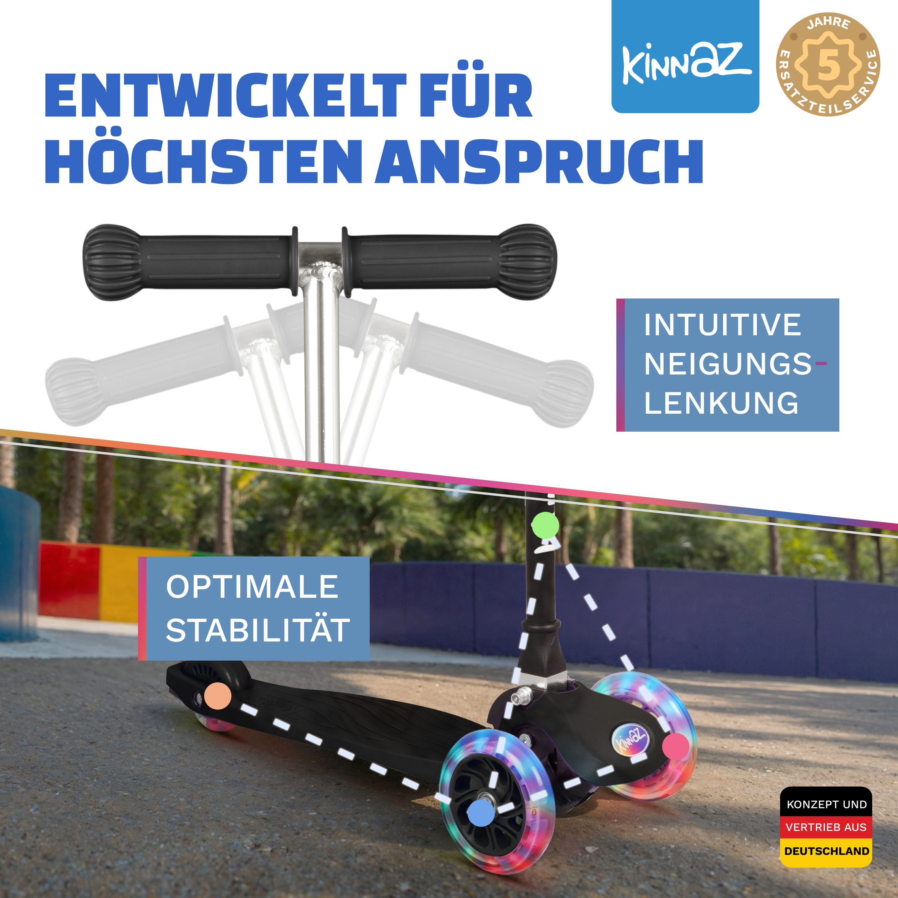 KINNAZ Dreiradscooter ab 2 Jahre LED, faltbar, Höhe flexibel, Kinderoller, Scooter, Roller, (Kinderroller, kinnaz ONE), Händler aus Hamburg – Bild 4 von 5
