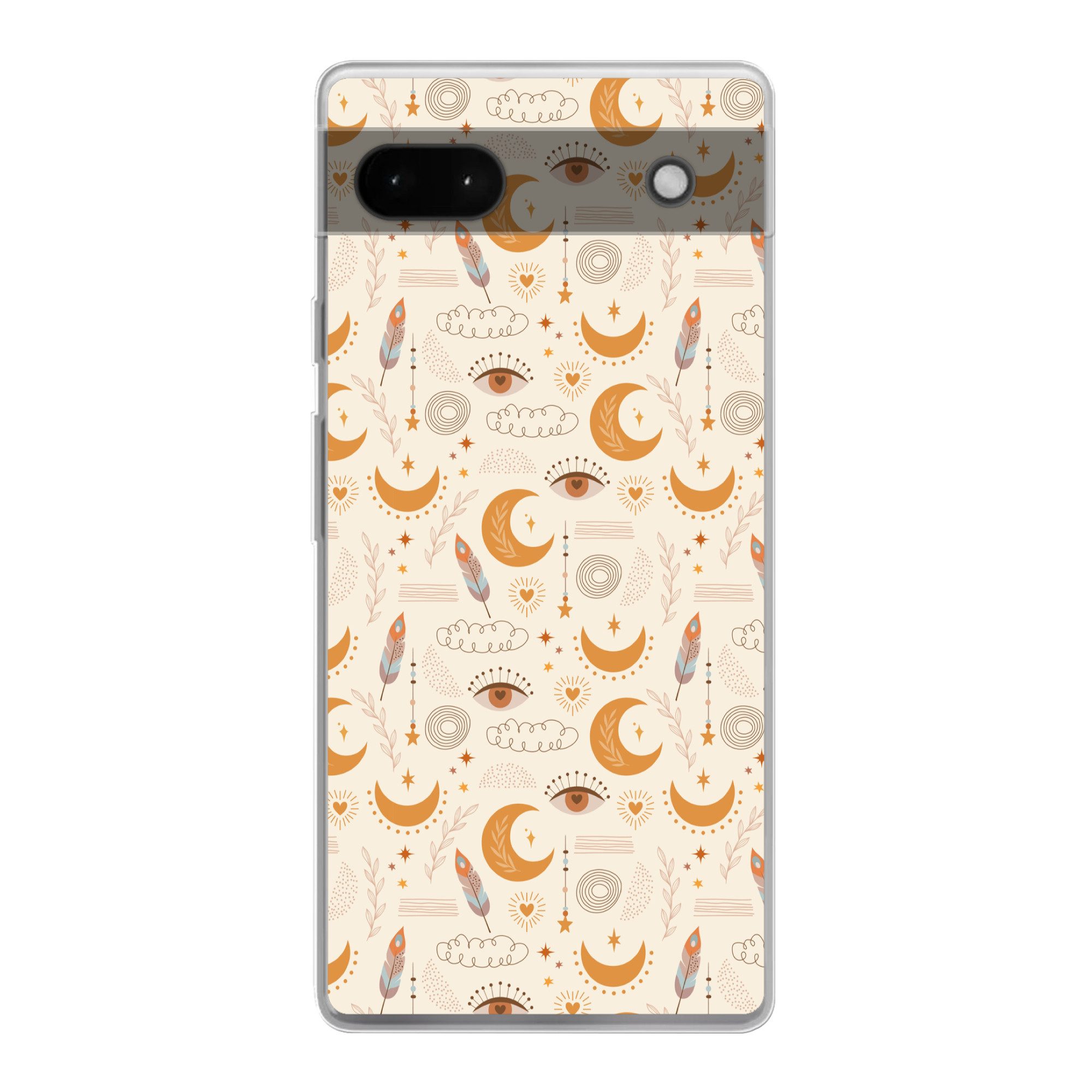 MuchoWow Handyhülle für Google Pixel 6a Boho - Druck - Augen - Mond - Federn - Beige, Phone Case, Silikon, Schutzhülle Dünn