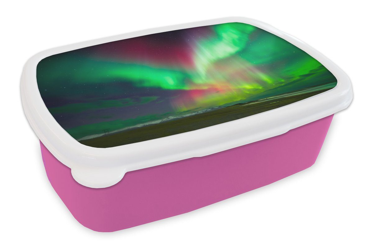 MuchoWow Lunchbox Nordlichter - Island - Rot - Grün, Kunststoff, (2-tlg), Brotbox für Erwachsene, Brotdose Kinder, Snackbox, Mädchen, Kunststoff rosa