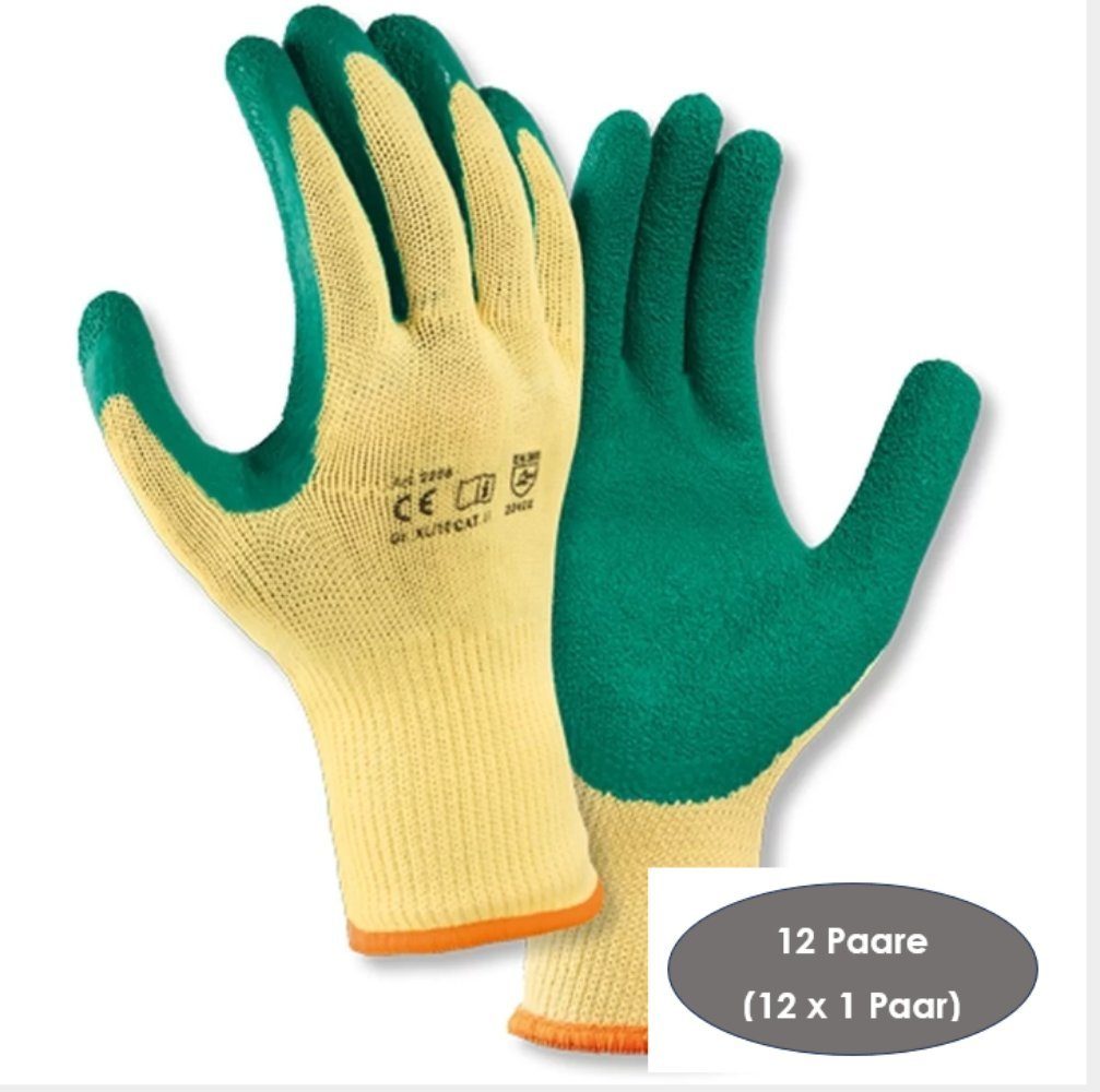 Gedikum Arbeitshandschuh-Set Baumwoll-Polyester-Handschuh mit Latexbeschichtung in grün 12 x (L) (12 Paare, Größe L) Winter-Arbeitshandschuhe Montagehandschuhe Feinstrickhandschuhe