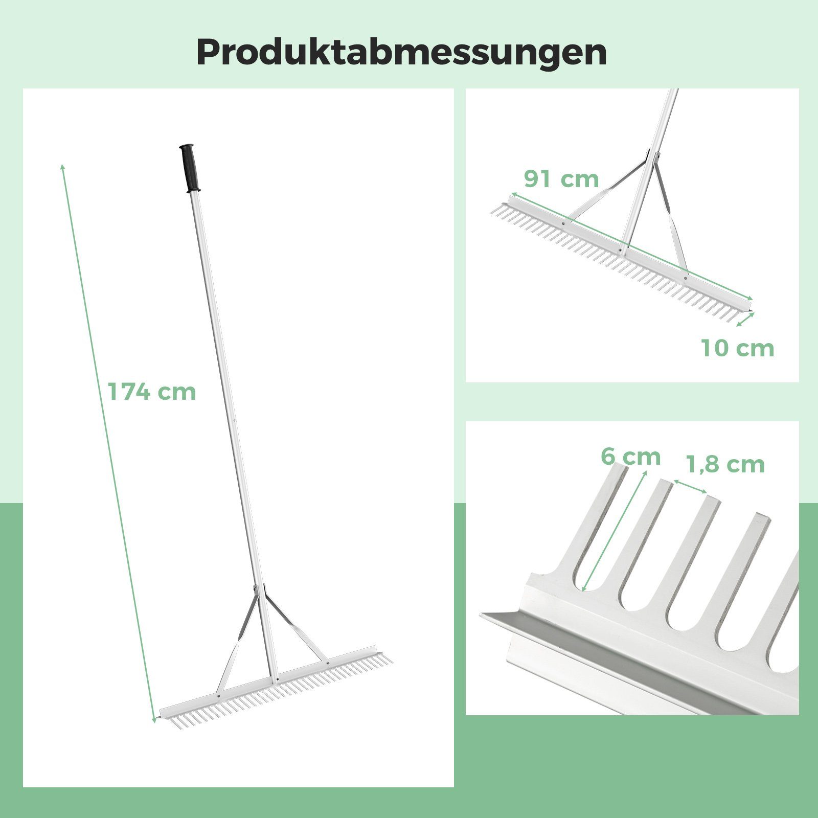 COSTWAY Gartenrechen, 91 cm Arbeitsbreite, (2-tlg), 174cm lang, aus Alu