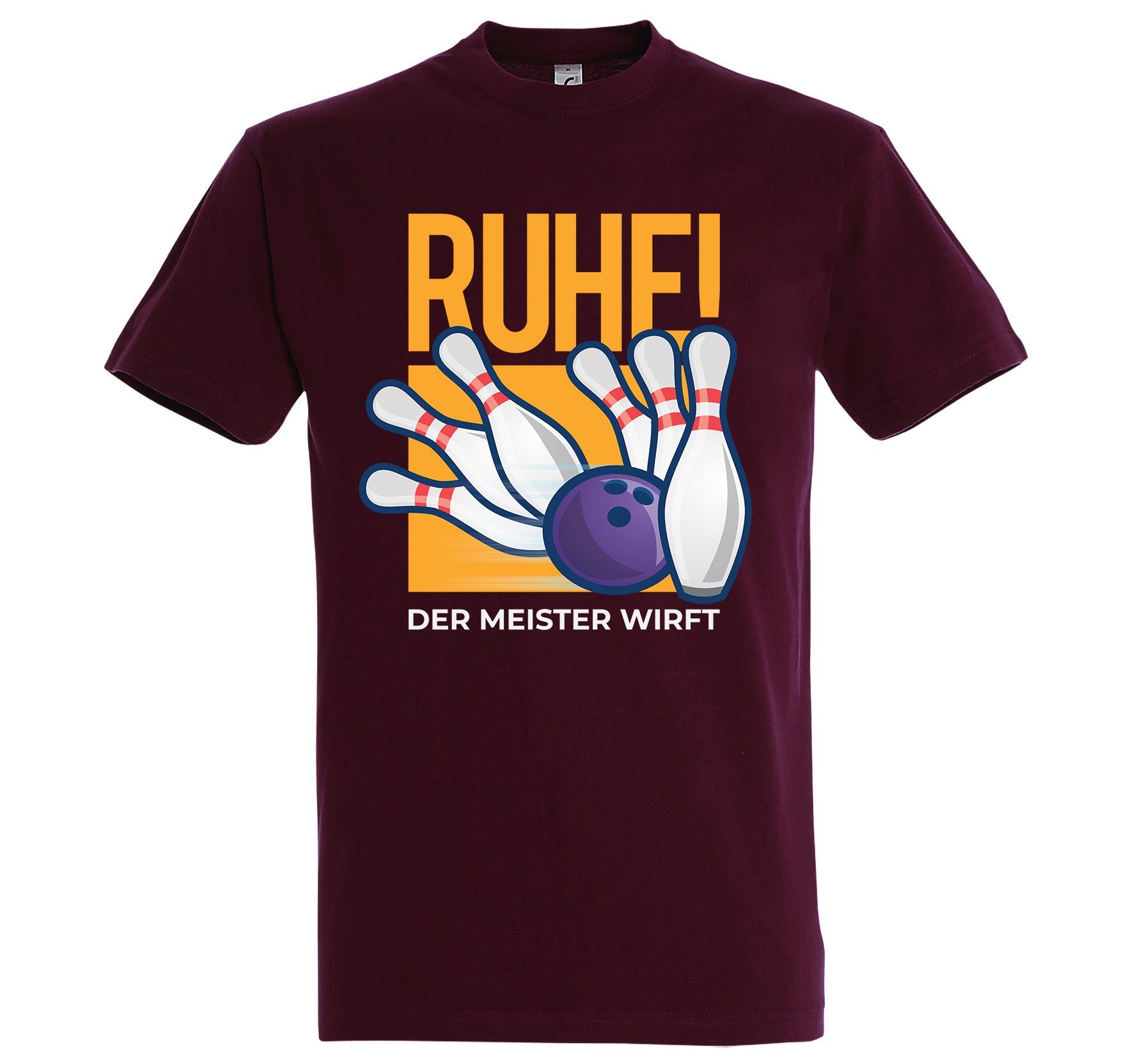 Youth Designz T-Shirt "Ruhe, Der Meister Wirft" Bowling Herren Shirt mit lustigem Frontprint Burgund