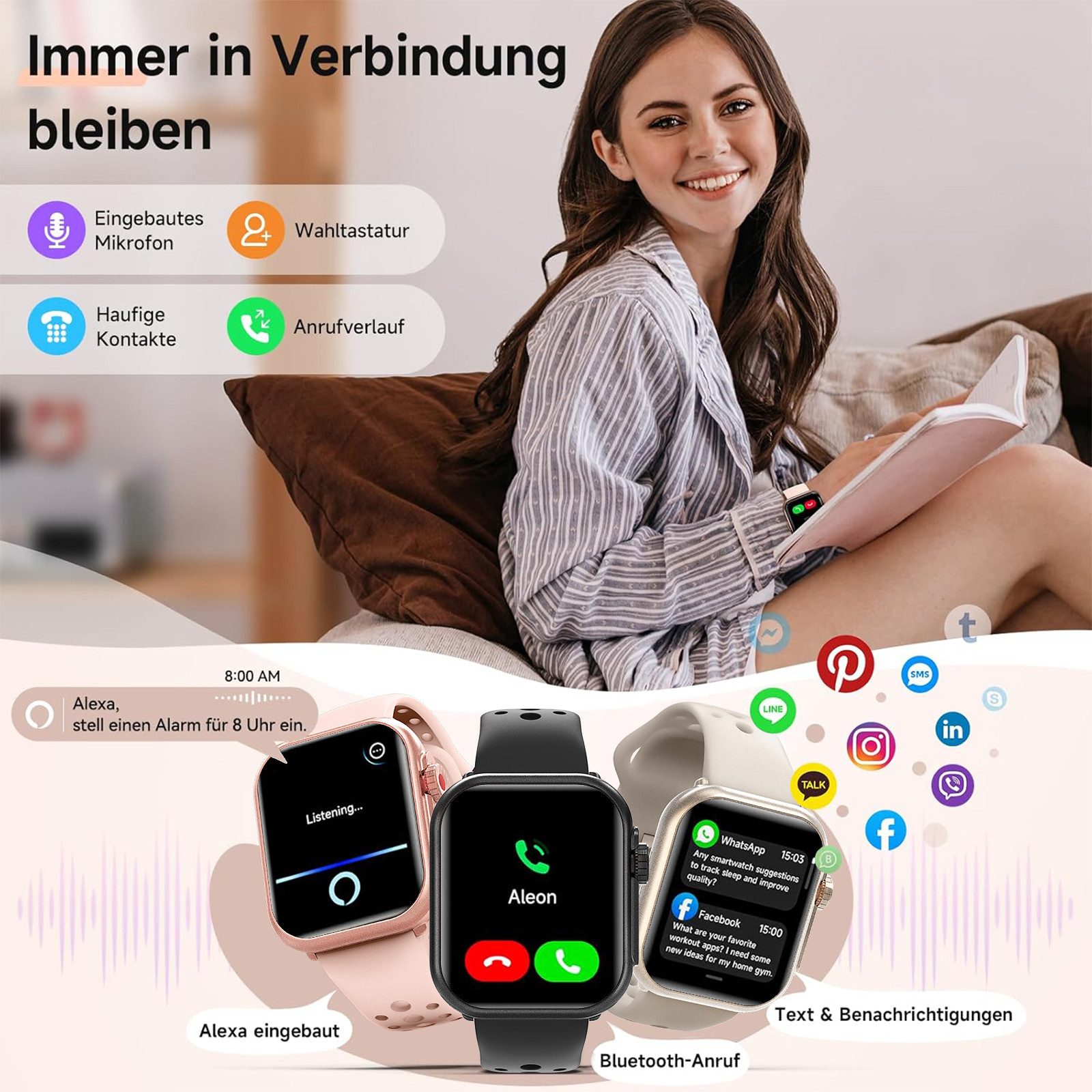 ANYSUN Smartwatch Damen Herren mit 1000mAh Akku, Smartwatch (4.65 cm/1,83 Zoll) Fitness Tracker Uhr für Damen Herren 30 Tage Ultralange Standby, 24H Telefonfunktion/Herzfrequenz/SpO2/Schlaf,100+Sportmodi Android iOS