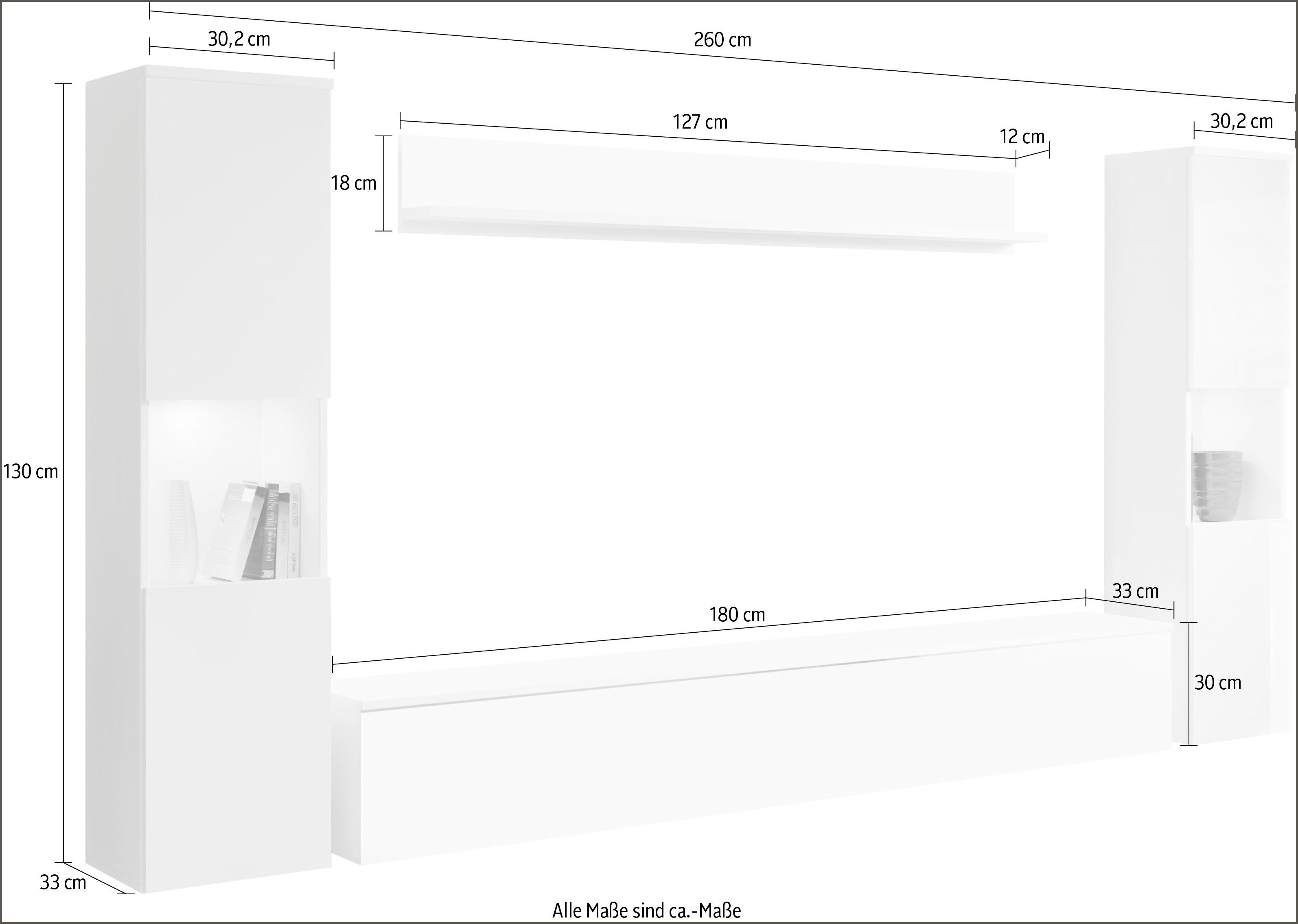 INOSIGN Wohnwand PARIS, (Set, 4-St), weiss/weiss montierbar Hochglanz und stehend hängend