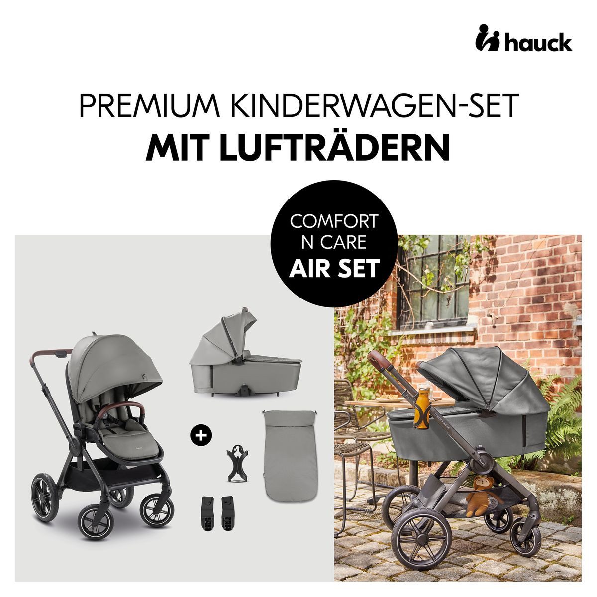 Hauck Kombi-Kinderwagen Comfort N Care Air Set - Dark Grey, 4in1 Kinderwagen mit Babywanne, Sportsitz,Babyschale & Isofix-Base