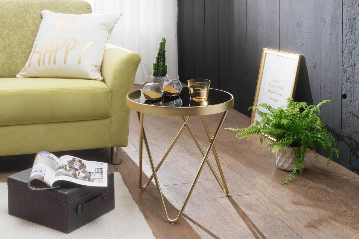 lovingHome® Beistelltisch Beistelltisch Rund Matt Gold 42x46x42cm Schwarz Couchtisch (1 Stück, 1 Beistelltisch), Filigrane, V-förmige Tischbeine