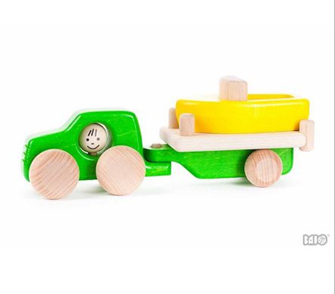Bajo Spielzeug-Transporter Holzauto 4 WD Auto und Boot Holzspielzeug Anhänger