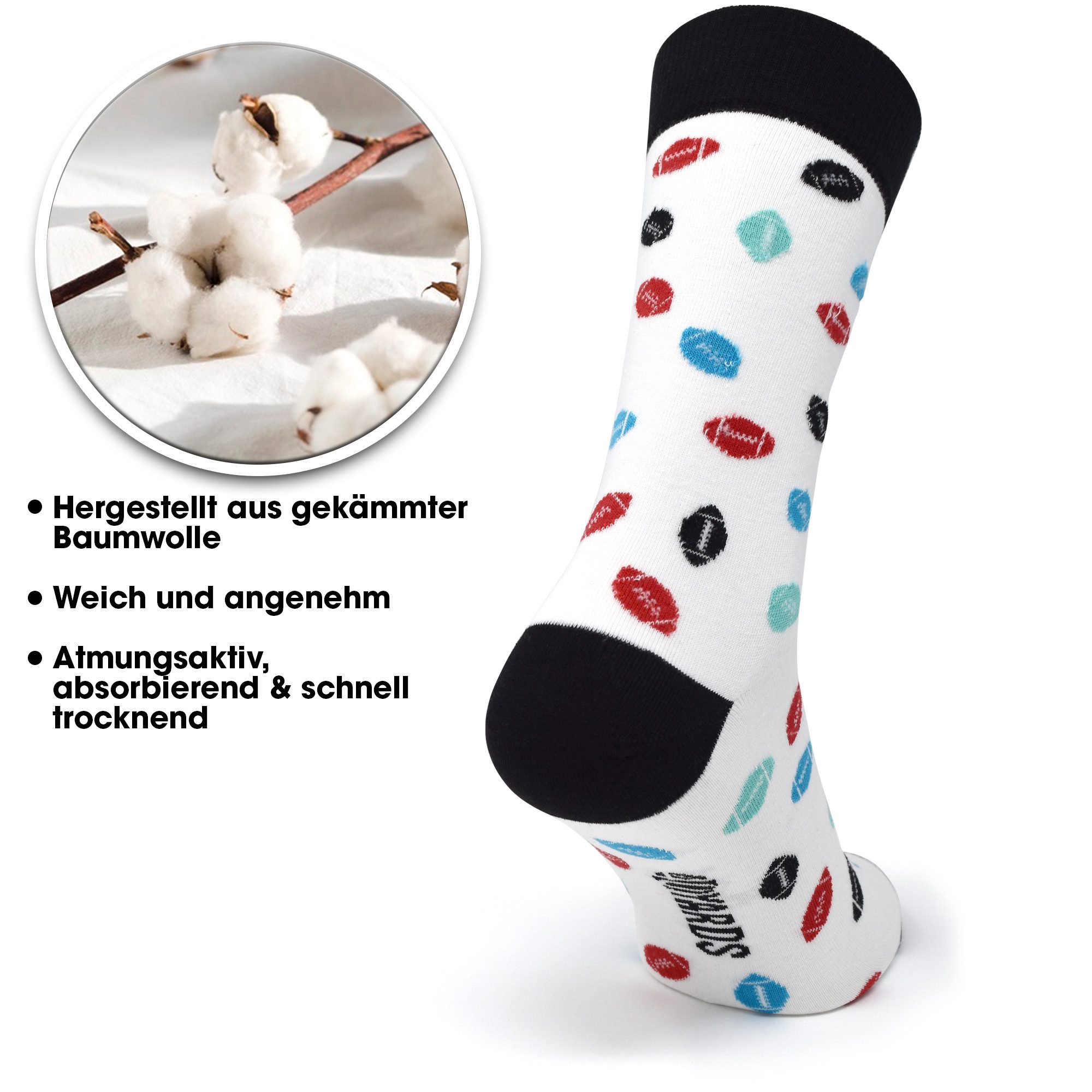 40YARDS Socken American Football Socken mit bunten Footbällen weiß/schwarz (Größe: 41-46)