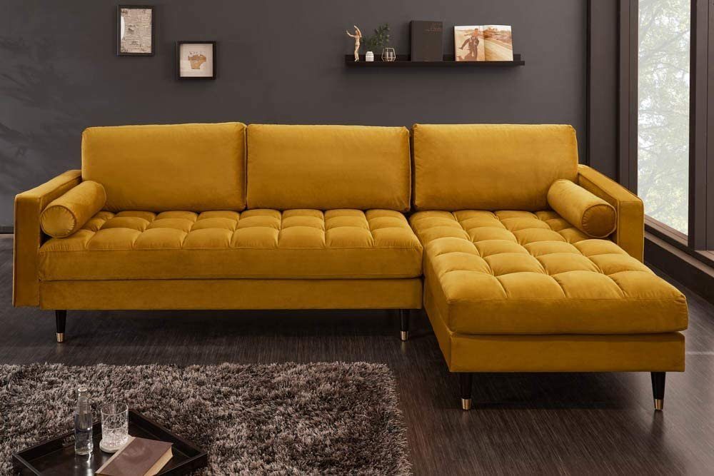 Federkern Samt Sofa mane senfgelb COMFORT beidseitig LebensWohnArt Ecksofa 260cm