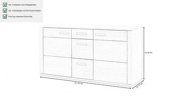 Massivart® Sideboard SENA 161 cm / Massivholz Eiche teilmassiv geölt, 2 Türen / 3 Schubladen / 2 Einlegeböden / Soft-Close-Funktion