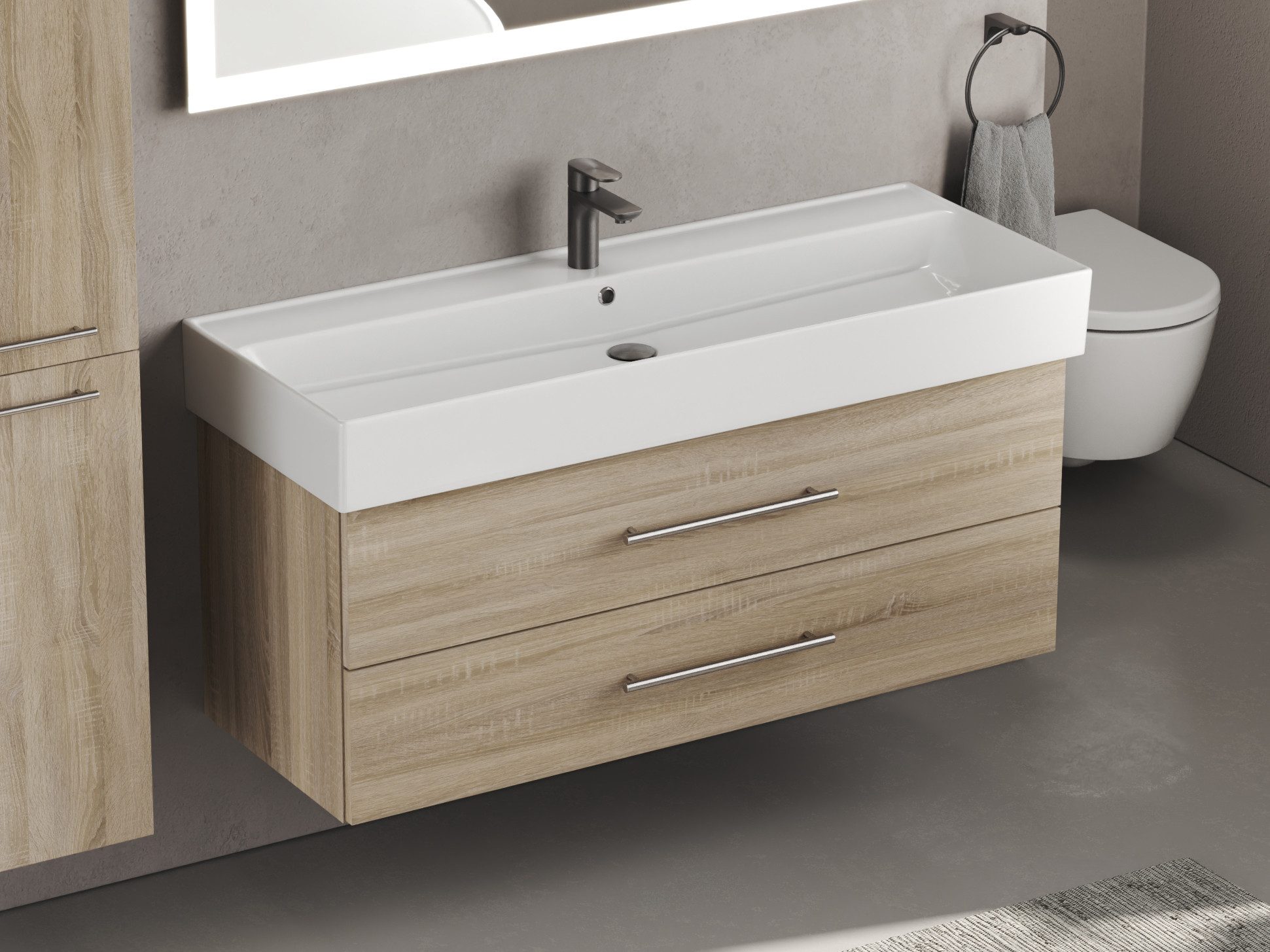 Aqua Bagno Badmöbel-Set Aqua Bagno Flex Badmöbel 120 cm Eiche Gold mit Keramikwaschbecken, (vormontiert, 2-St., Badmöbelschrank melaminbeschichtet, Keramikwaschbecken), einfache Montage, Skandi