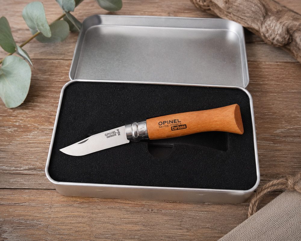Opinel Taschenmesser Stilvolle Geschenkidee für Messerliebhaber, (Opinel-Messer in dekorativer Geschenkbox), Opinel Messer No 08, Buche, Carbon, nicht rostfrei