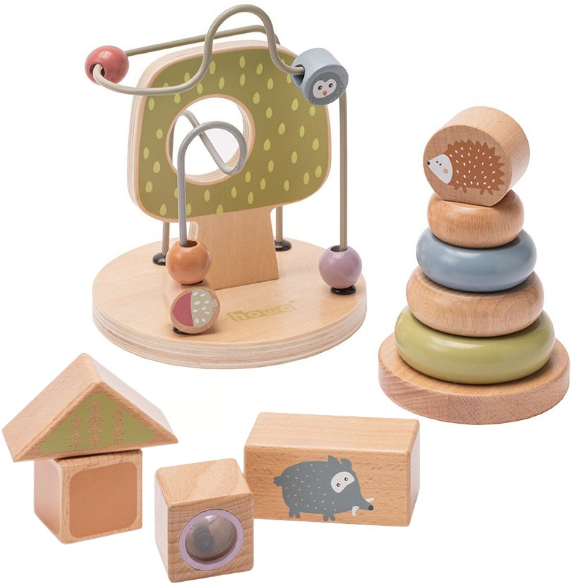 howa Motorikschleife little woods, Motorikspielzeug mit Motorikschleife, Stapelturm, 4 Holzbausteinen