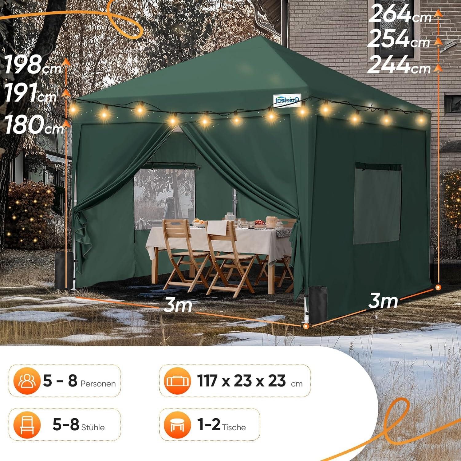 Thumbnail - Quictent Faltpavillon Pavillon 3x3 mit 4 Seitenteilen Entlüftung Wasserdicht Stabil