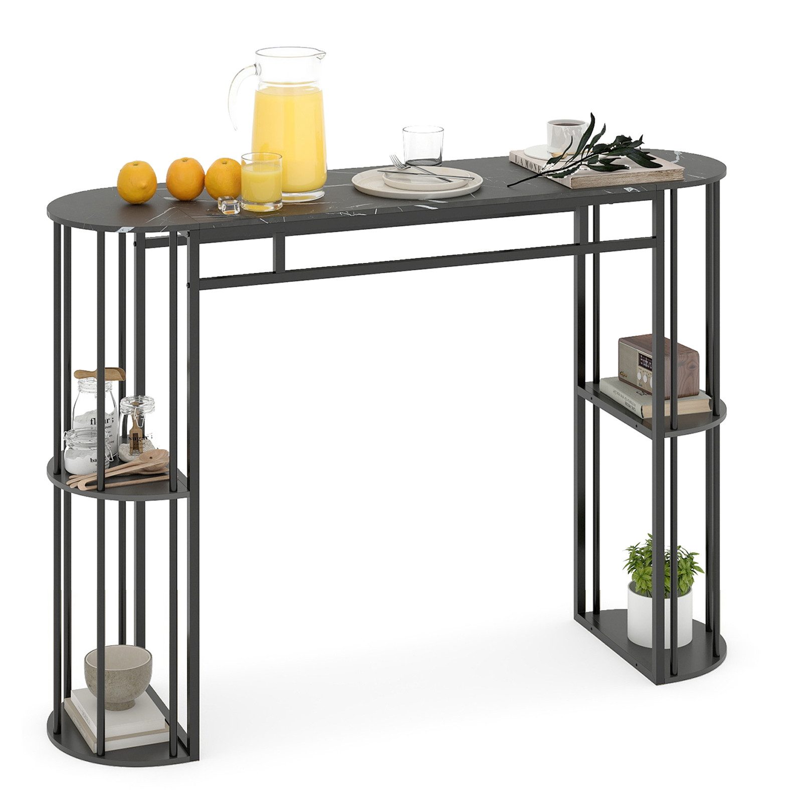 COSTWAY Bartisch, Küche mit 4 halbrunde Regale, 150cm Stehtisch Marmor Metall