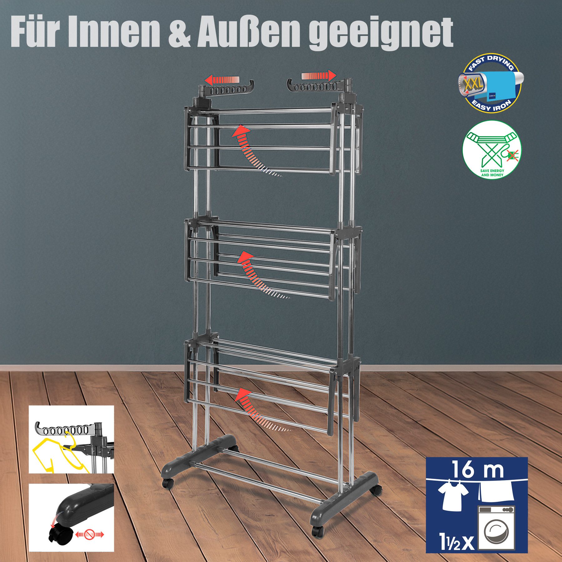 BigDean Wäscheständer Wäscheständer Turm mit 3 Ebenen und 4 Rollen in Grau, Edelstahl, Dicke Leinen, 2 Extra Aufhänger für Kleiderbügel – Bild 4 von 5