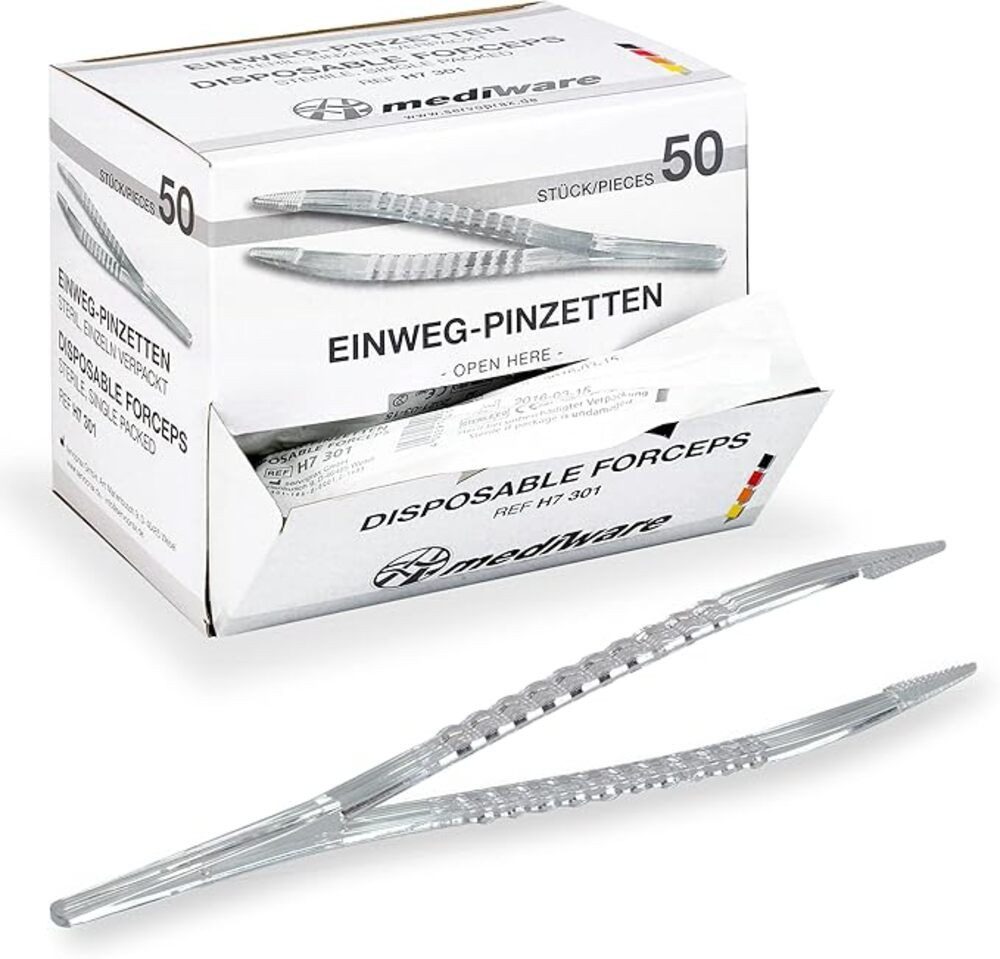 DocMed Pinzette Einmalpinzetten - steril, Spar-Packung, 50-tlg., Ergonomische Passform, Praktische Aufbewahrungsbox