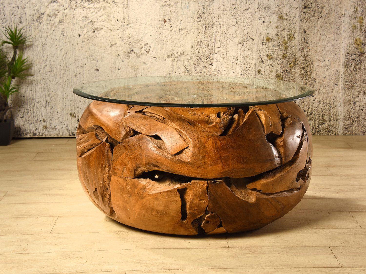 Bambus-Lounge Couchtisch Sofatisch Elements mit Glasplatte aus Teakholz Wohnzimmertisch