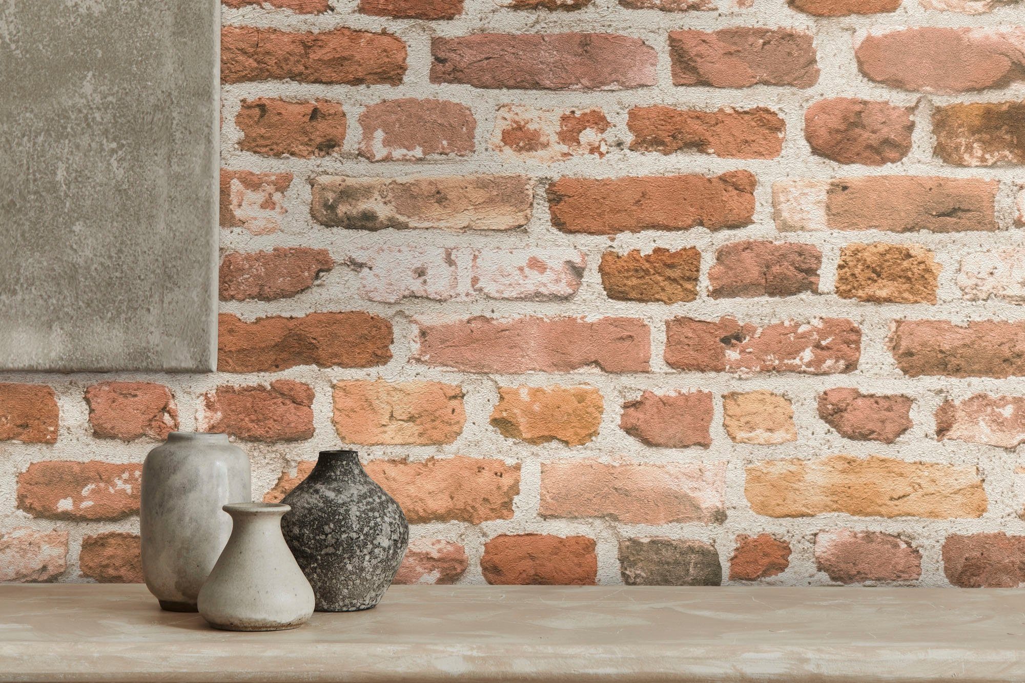 A.S. Création Vliestapete Bricks & Stones Backstein Steinoptik, leicht strukturiert, gemustert, matt, neutral, (1 St), Steintapete Backstein Tapete Tapeten Wohnzimmer Schlafzimmer Küche