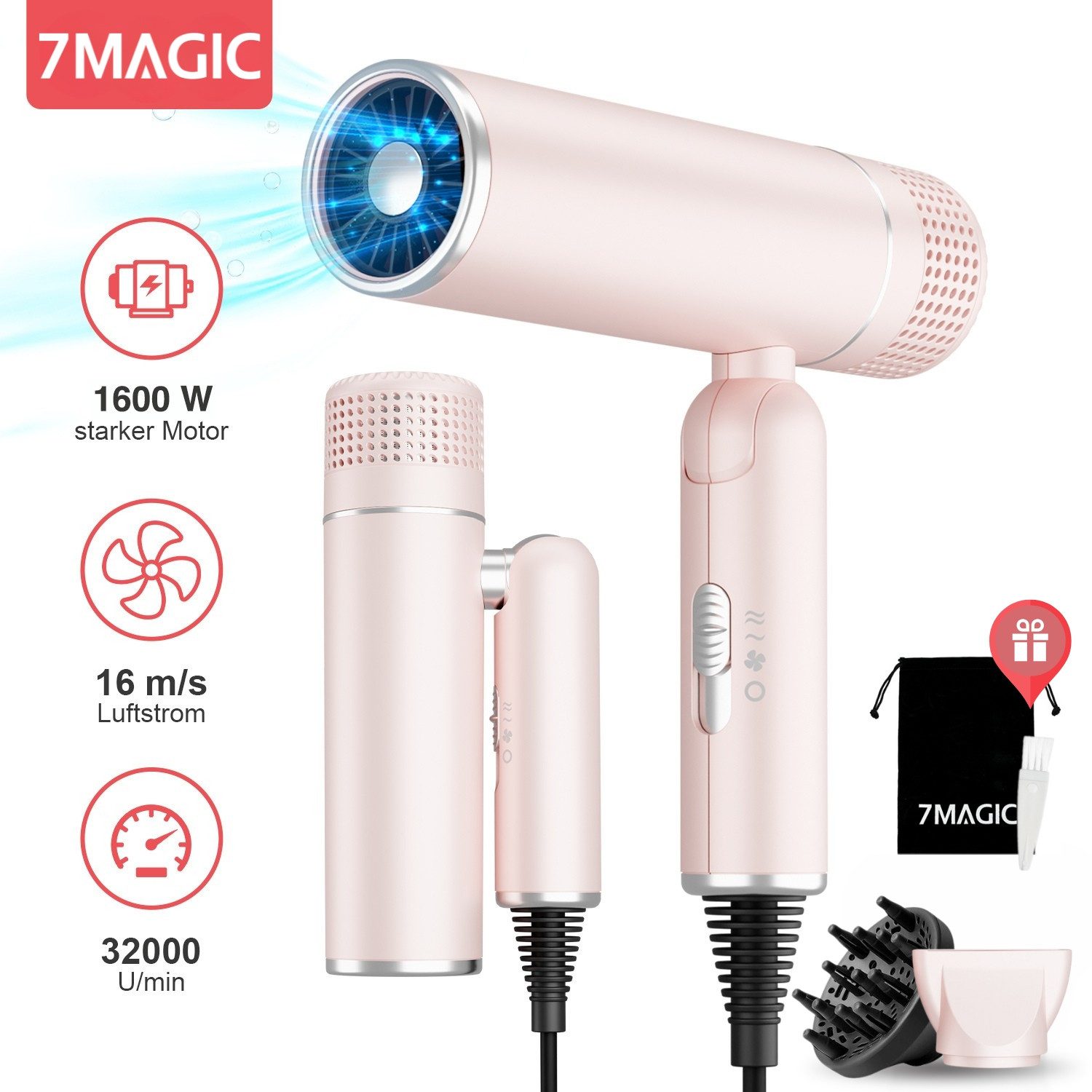 7MAGIC Haartrockner Faltbarer Ionen Reiseföhn, 1600,00 W, Anti-Frizz, 3 Temperaturstufen, 2 Luftstärken, für Urlaub & Alltag, mit Stylingdüse oder Diffusor, ultraleicht & platzsparend